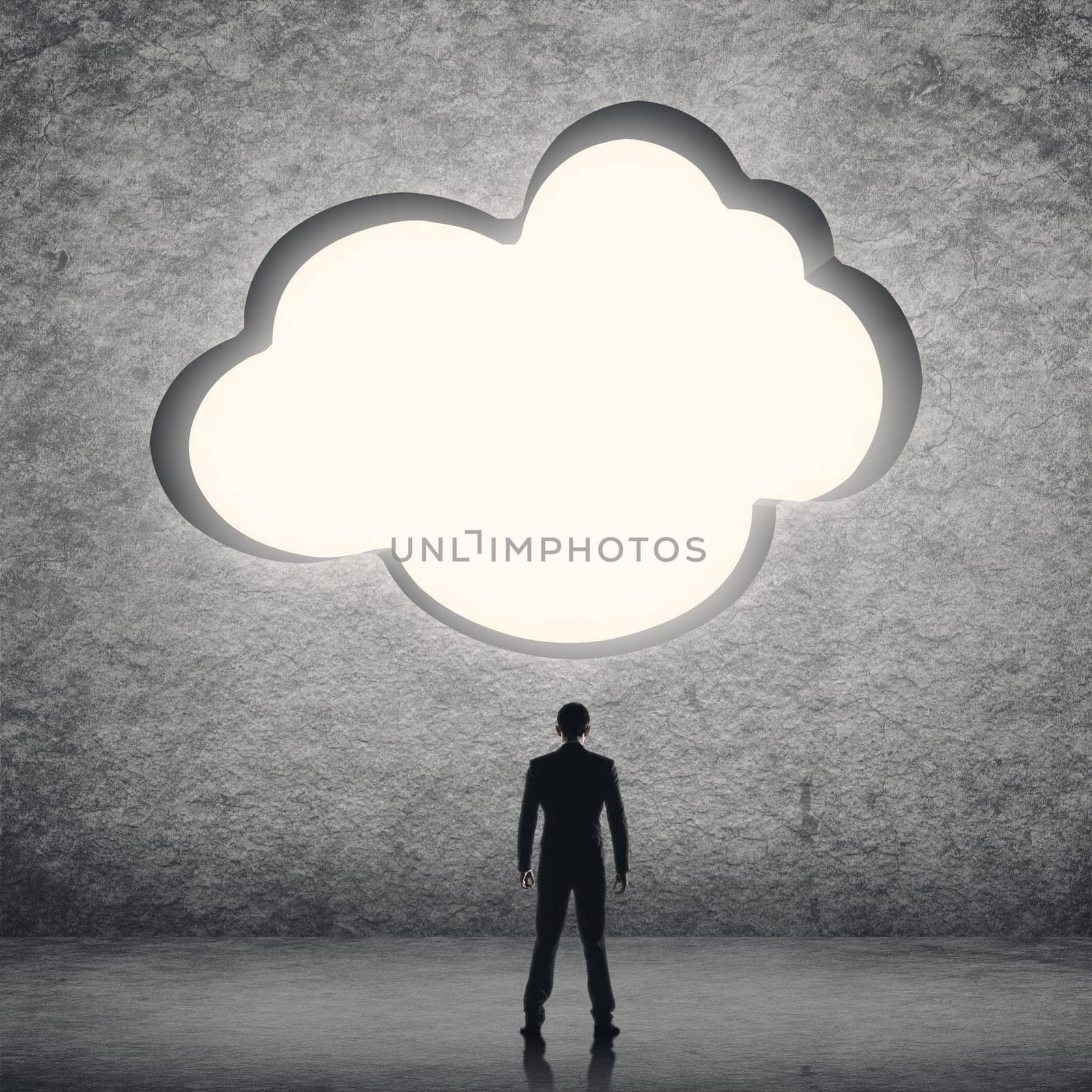 Cloud concept with a man face the cloud.
