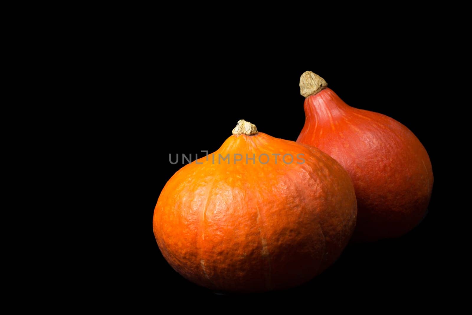 Two orange hokkaido pumpkins on a black background.