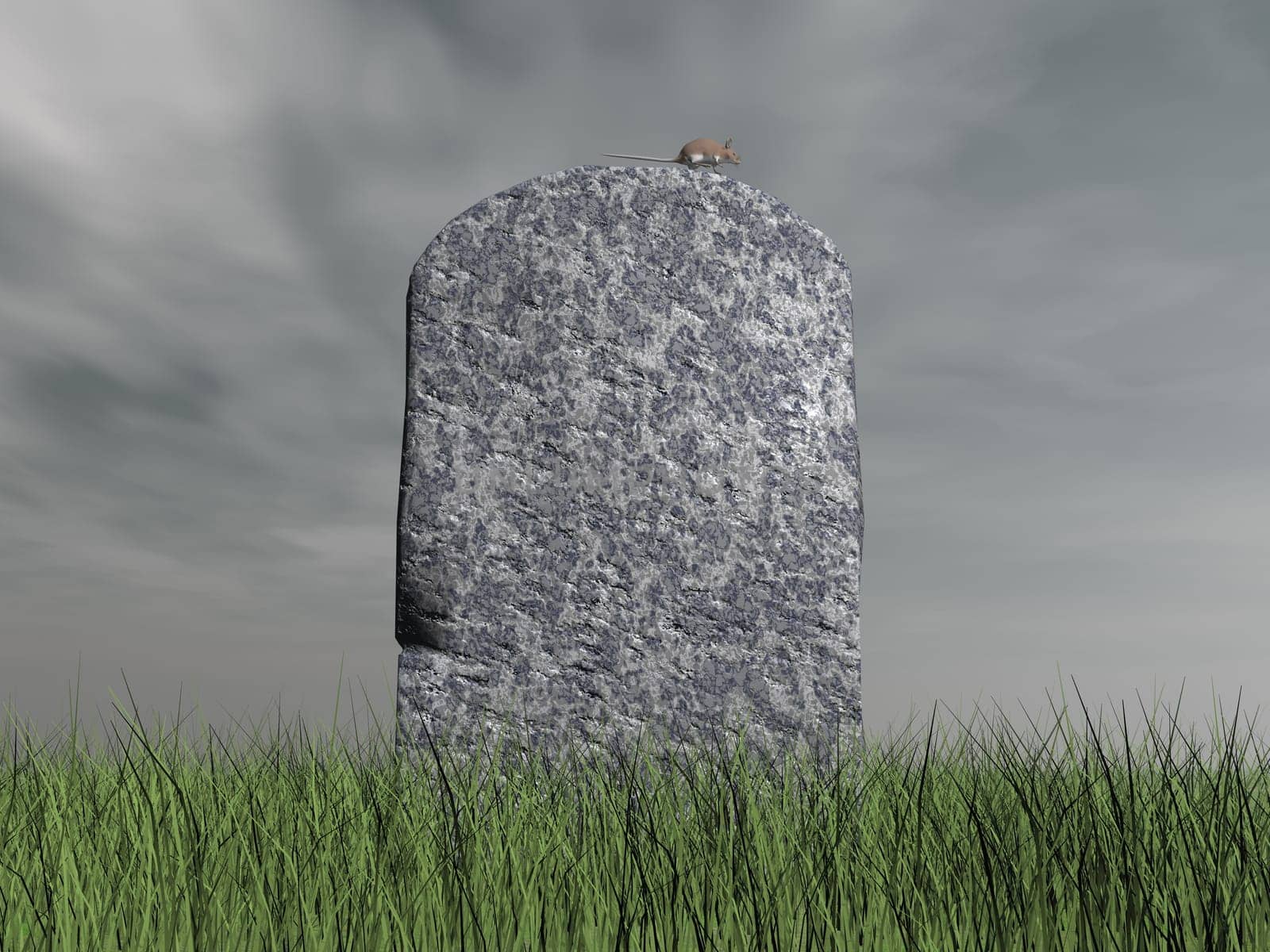 Mouse on tombstone by grey cloudy day - 3D render