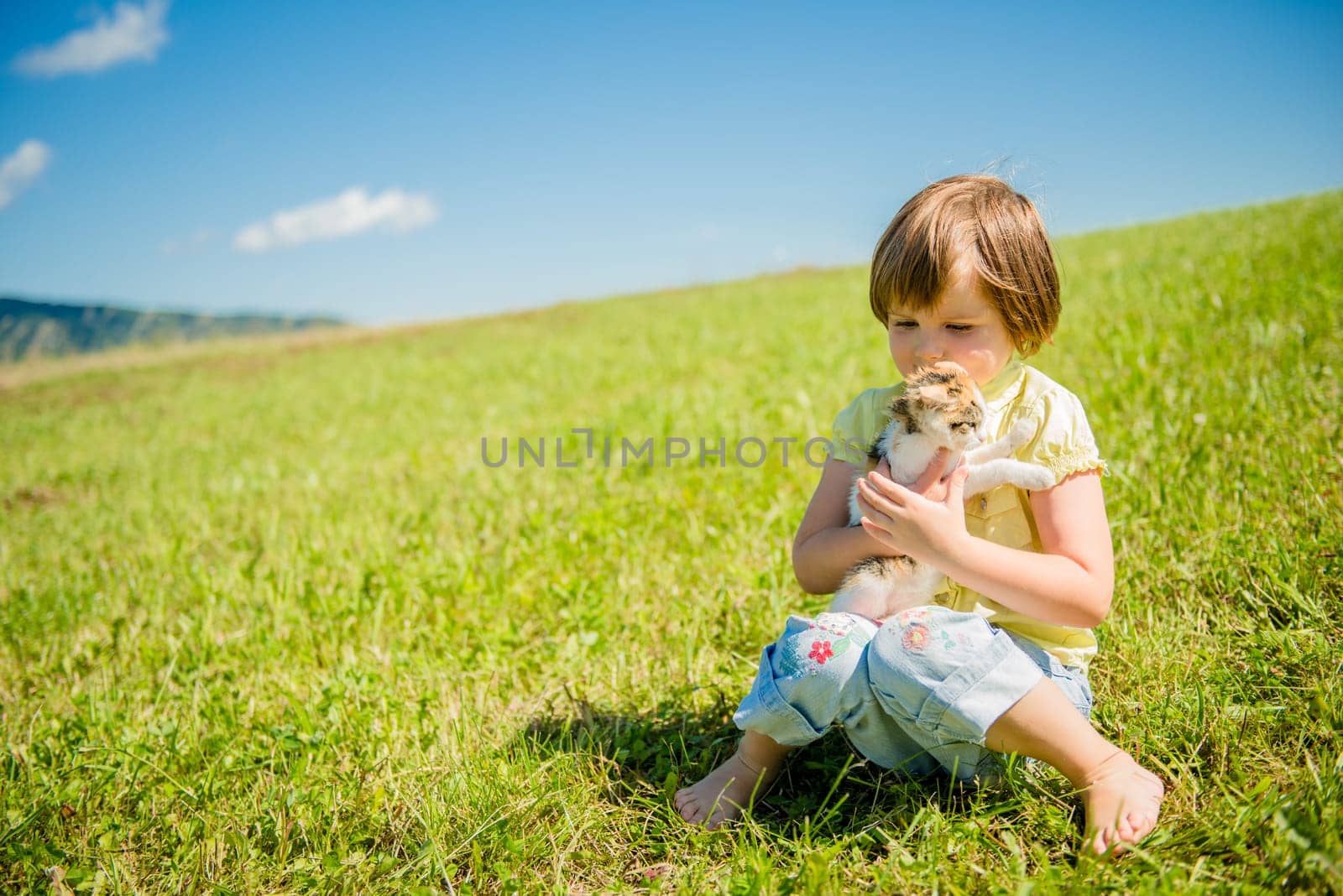 Child sitting in grass and playing with her cute kitten