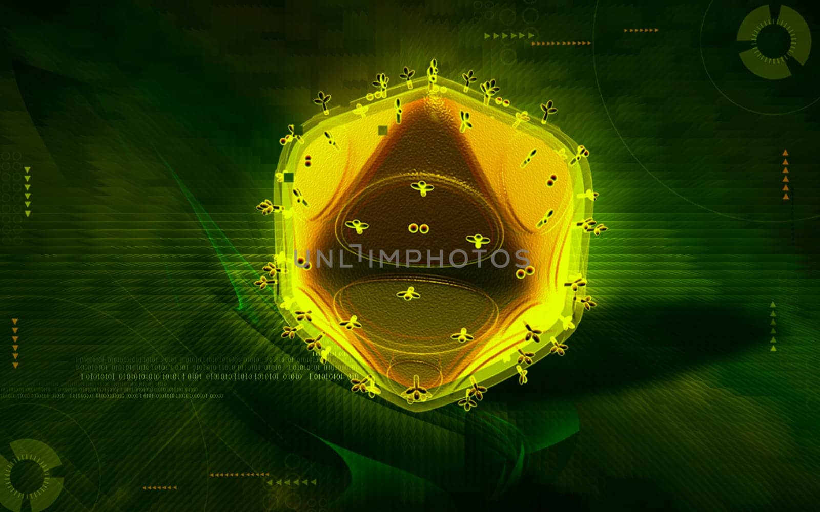 Digital illustration of HIV in colour background