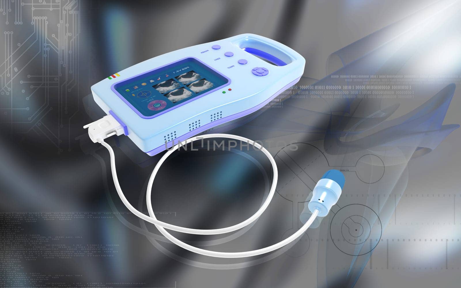 Digital illustration of palm bladder scanner in colour background