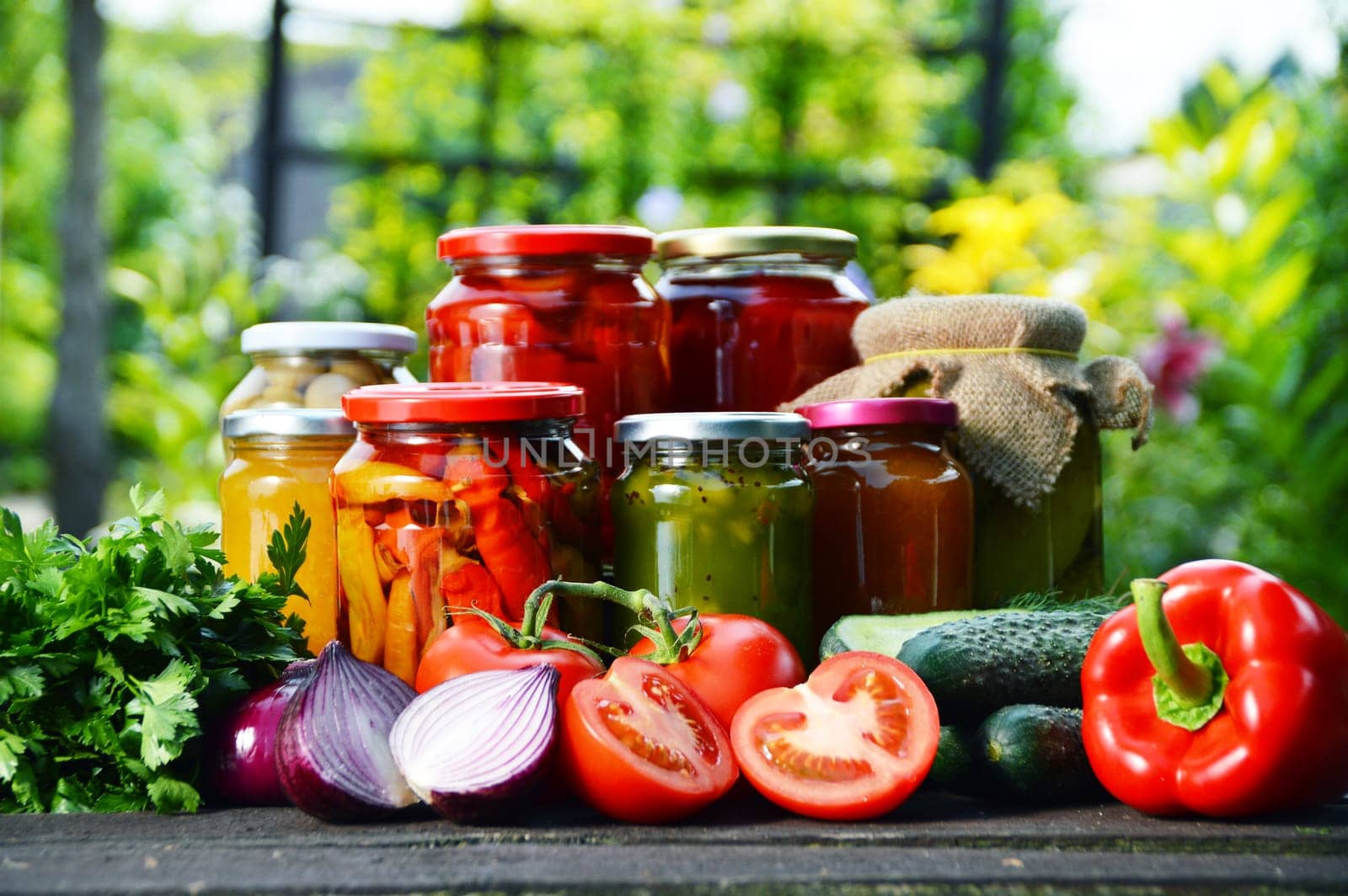 Jars of pickled vegetables in the garden. Marinated food.