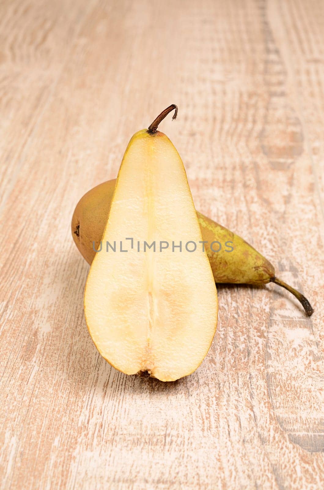 Fresh pears on a wooden table