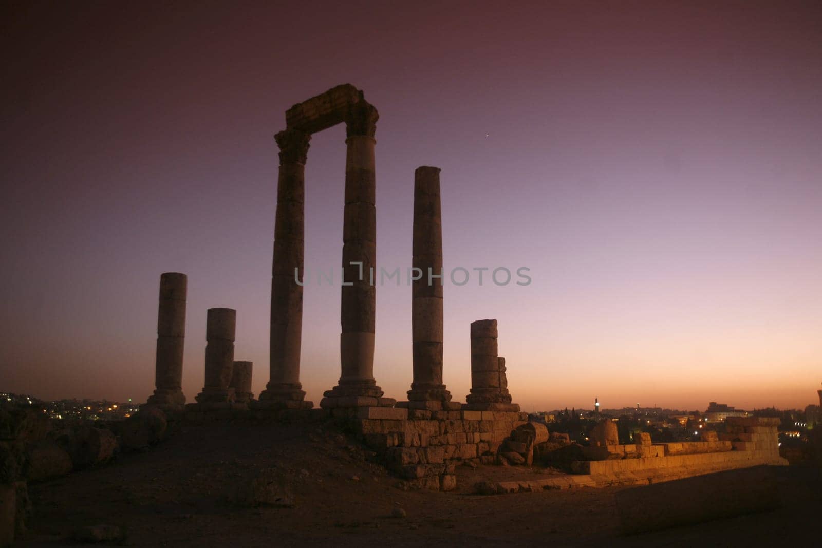 The Ruins of the citadel Jabel al Qalah in the City Amman in Jordan in the middle east.