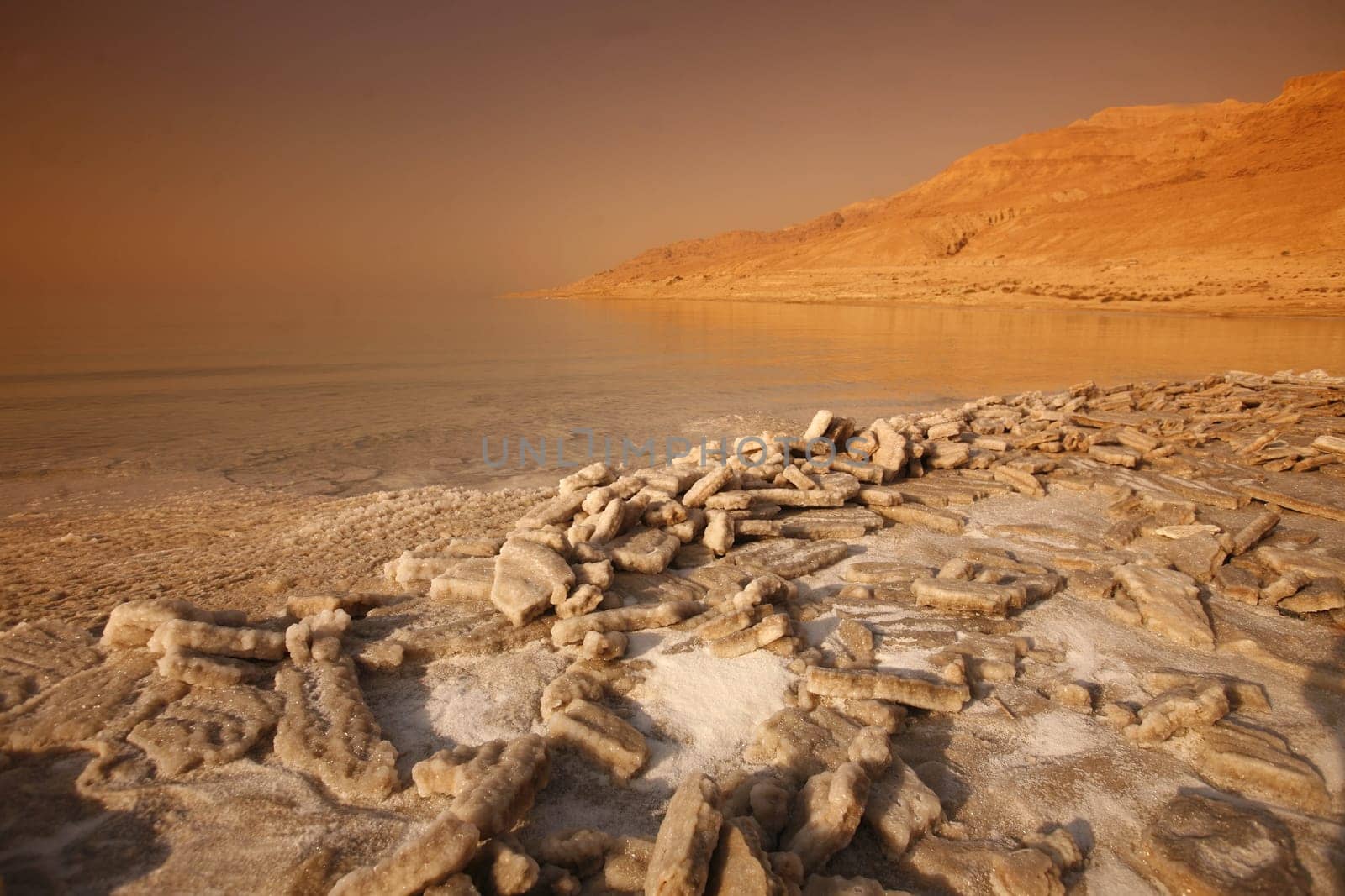 The coast with natural salt of the death sea neat the Village of Mazraa in Jordan in the middle east.