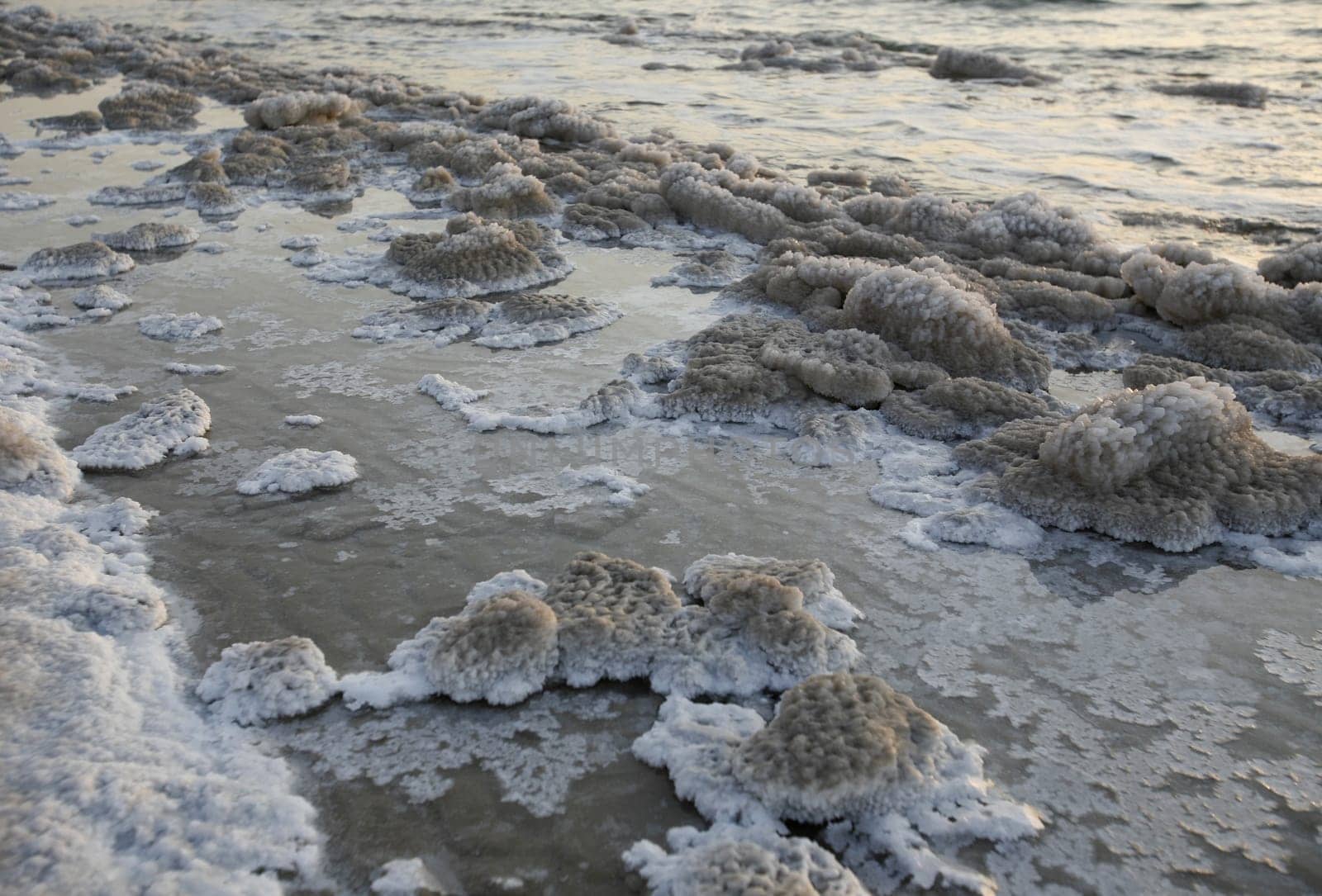 The coast with natural salt of the death sea neat the Village of Mazraa in Jordan in the middle east.