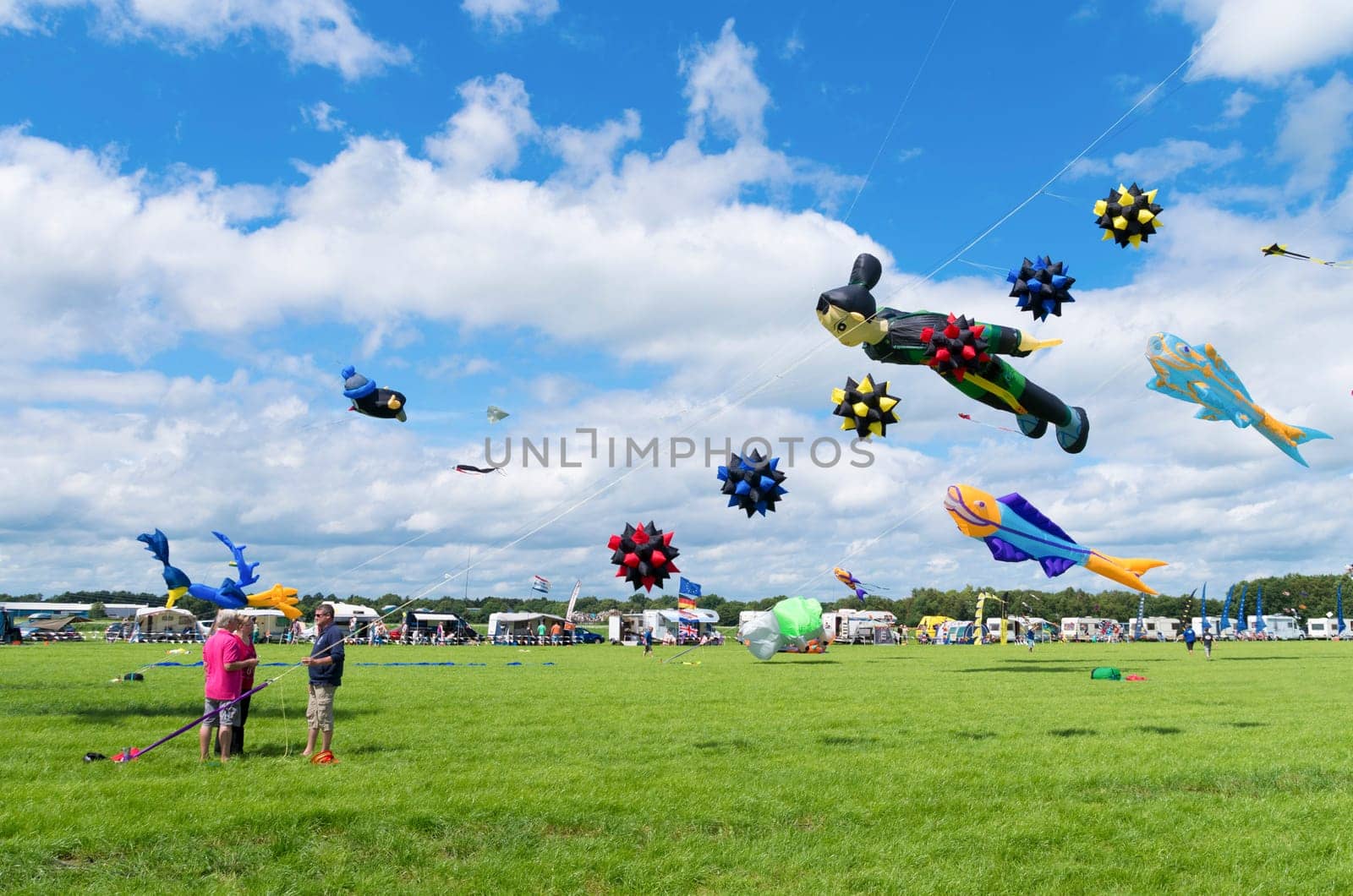 Colorful kites at the 5th international kite festival on july 6, 2014 in Twenterand, Netherlands.Most of the participants are from Germany and Belgium.