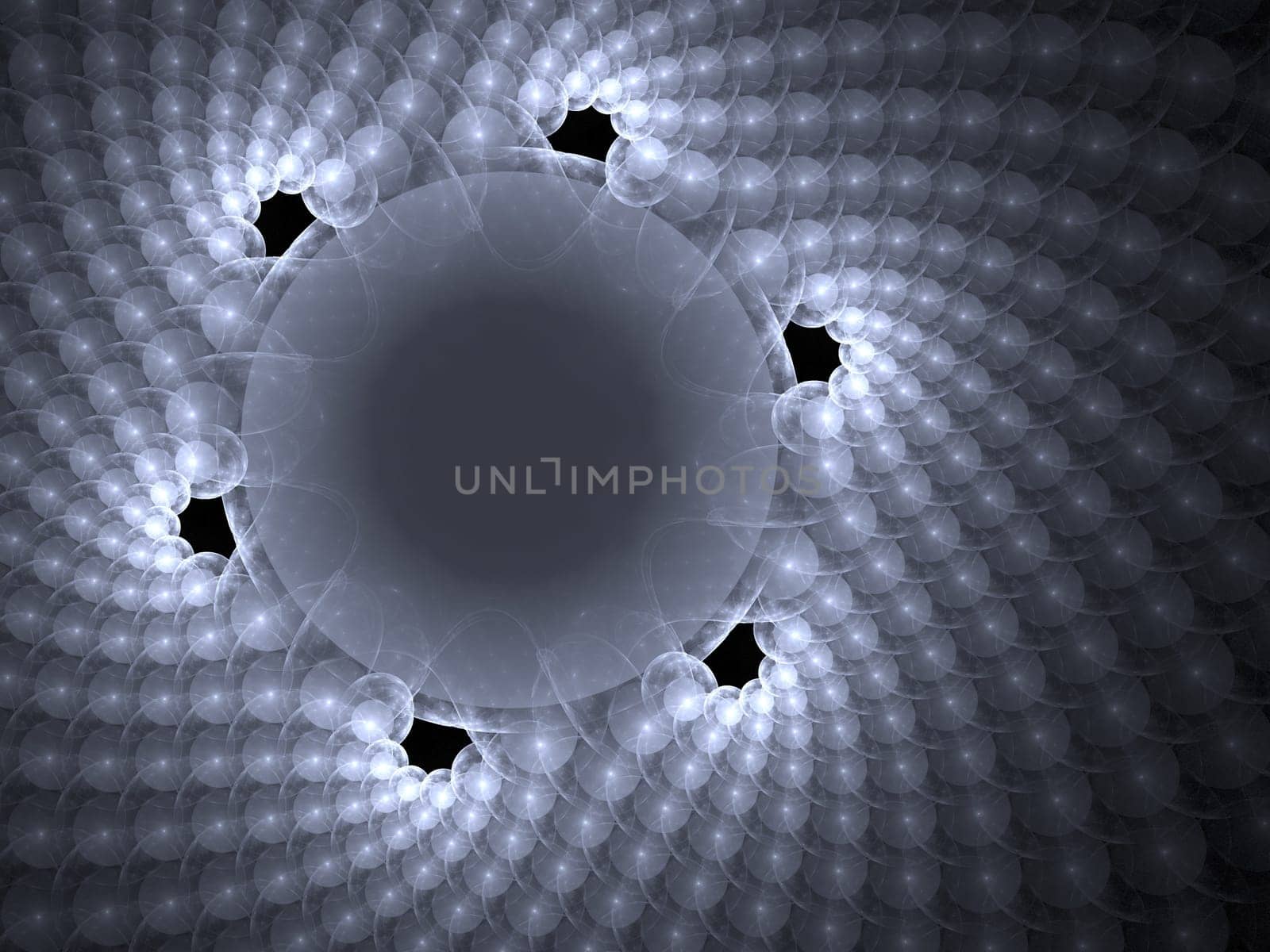 Abstract background with spherical shapes in a radial pattern, with a central circle with copyspace
