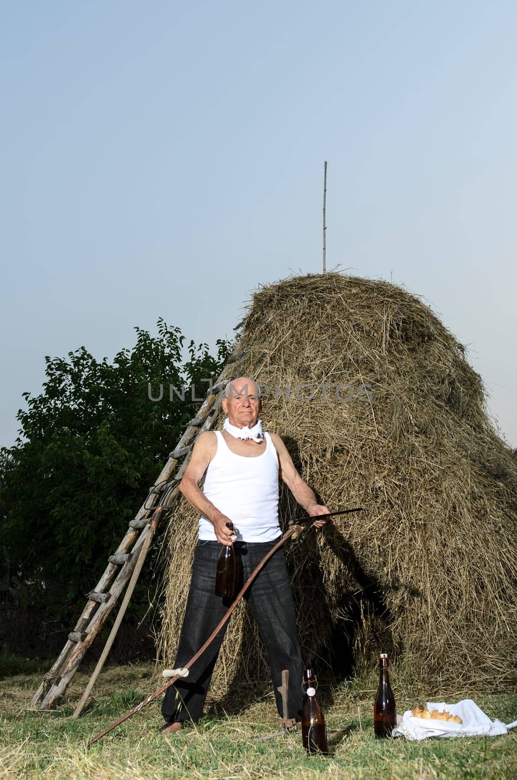 Senior farmer using scythe to mow the lawn traditionally.