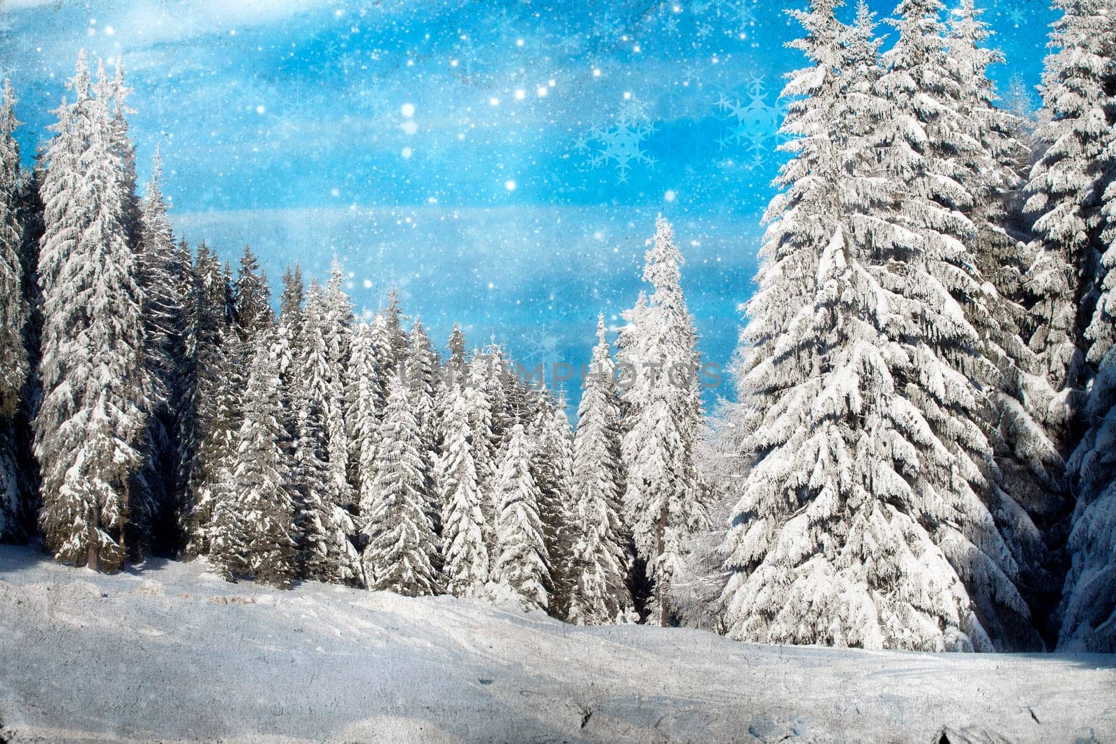 Vintage Christmas background with snowy fir trees