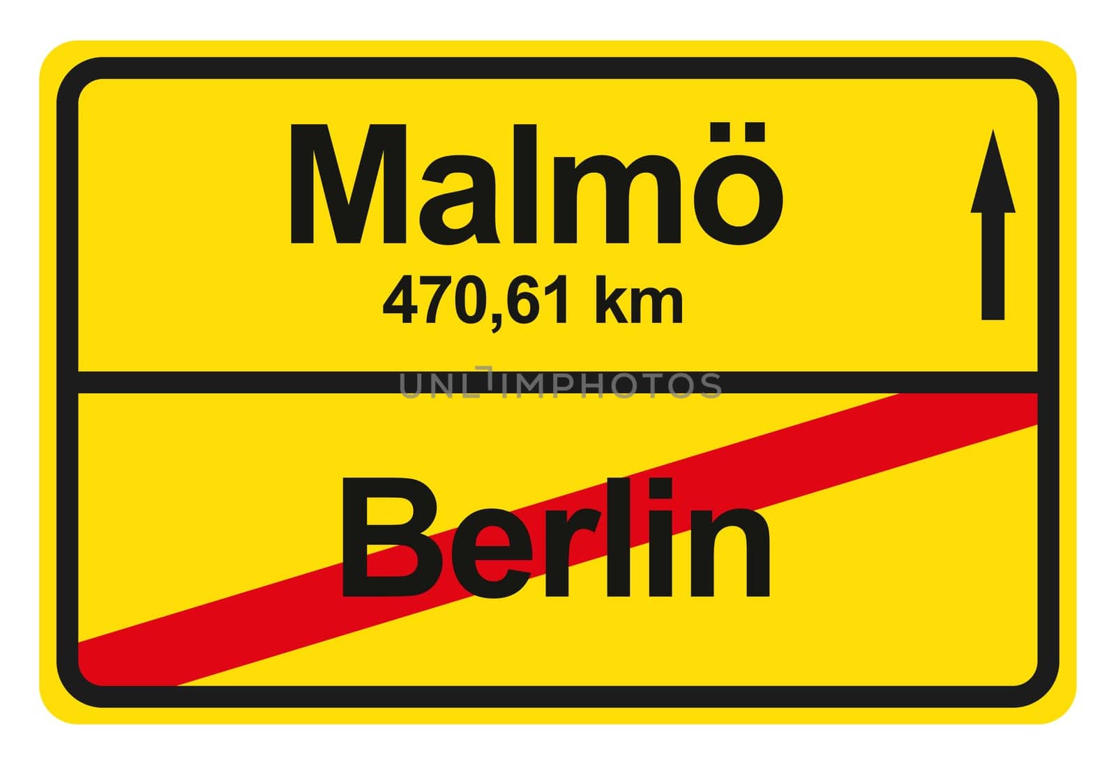 A yellow exit sign with the distance from one place to another.
