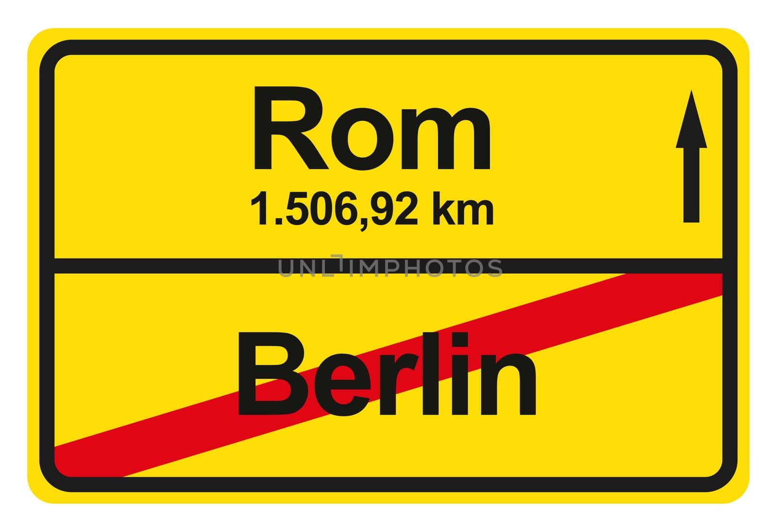 A yellow exit sign with the distance from one place to another.