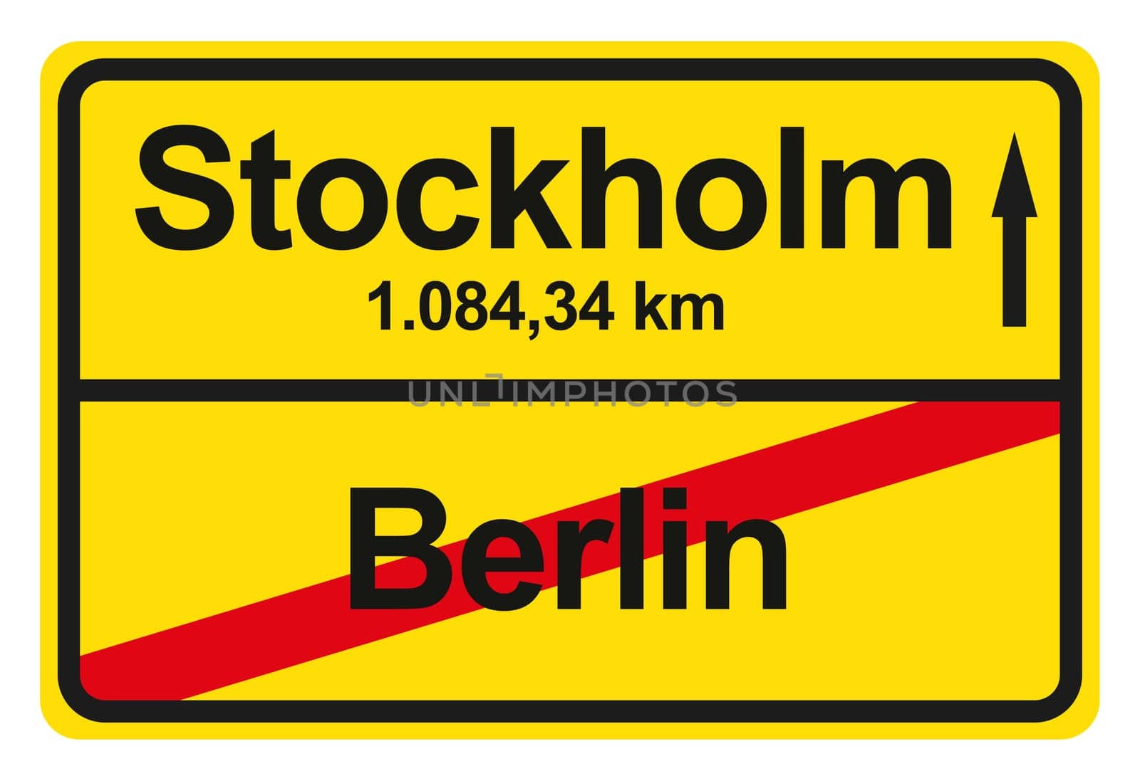 A yellow exit sign with the distance from one place to another.