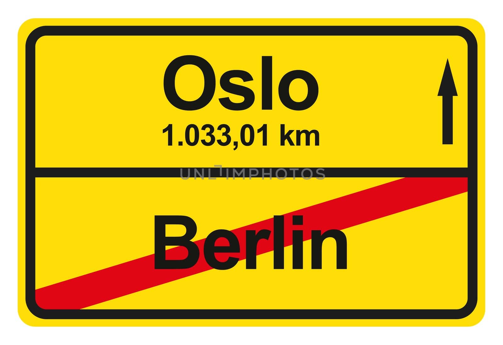 A yellow exit sign with the distance from one place to another.