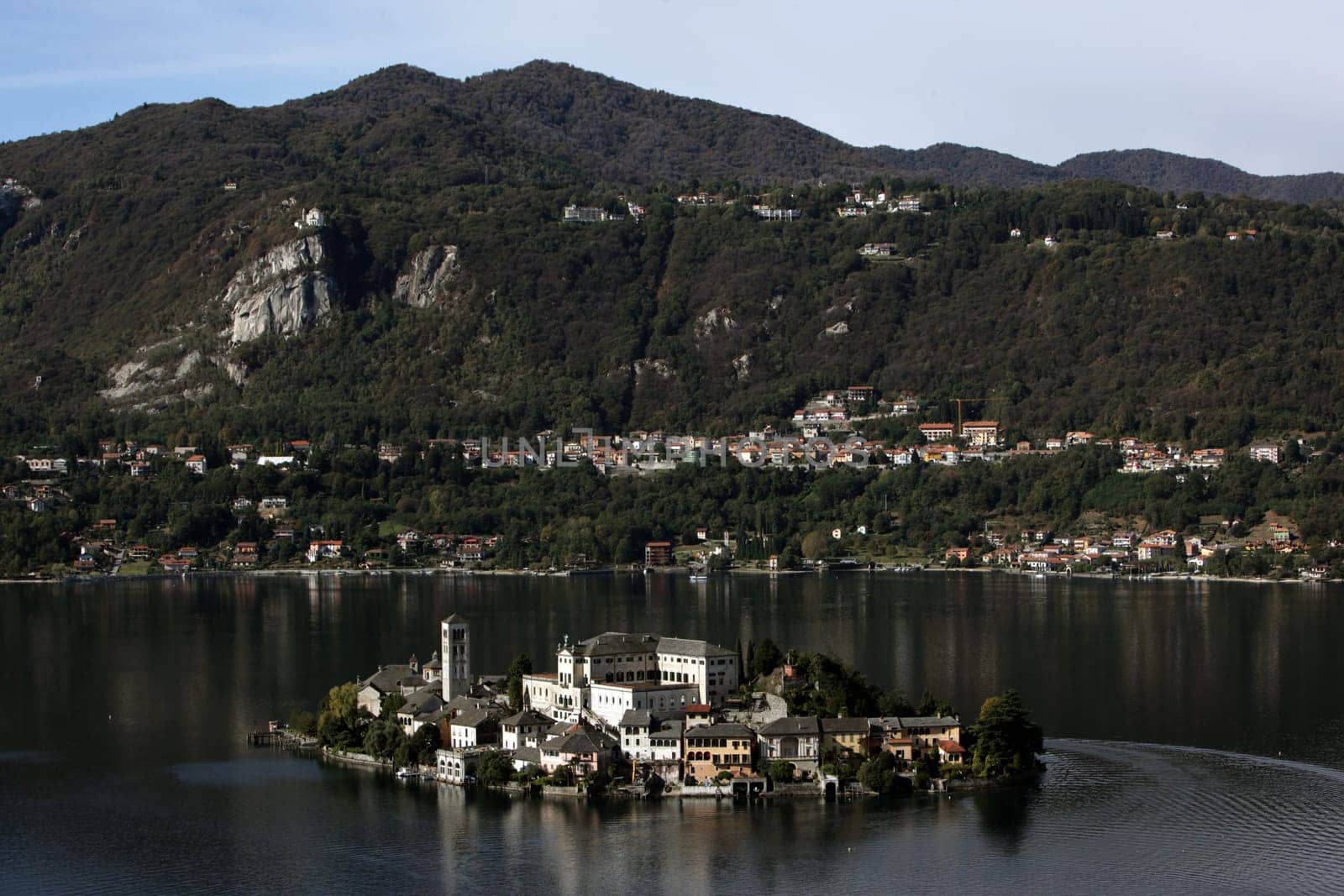 The Isla San Giulio in the Ortasee outside of the Fishingvillage of Orta on the Lake Orta in the Lombardia  in north Italy.
