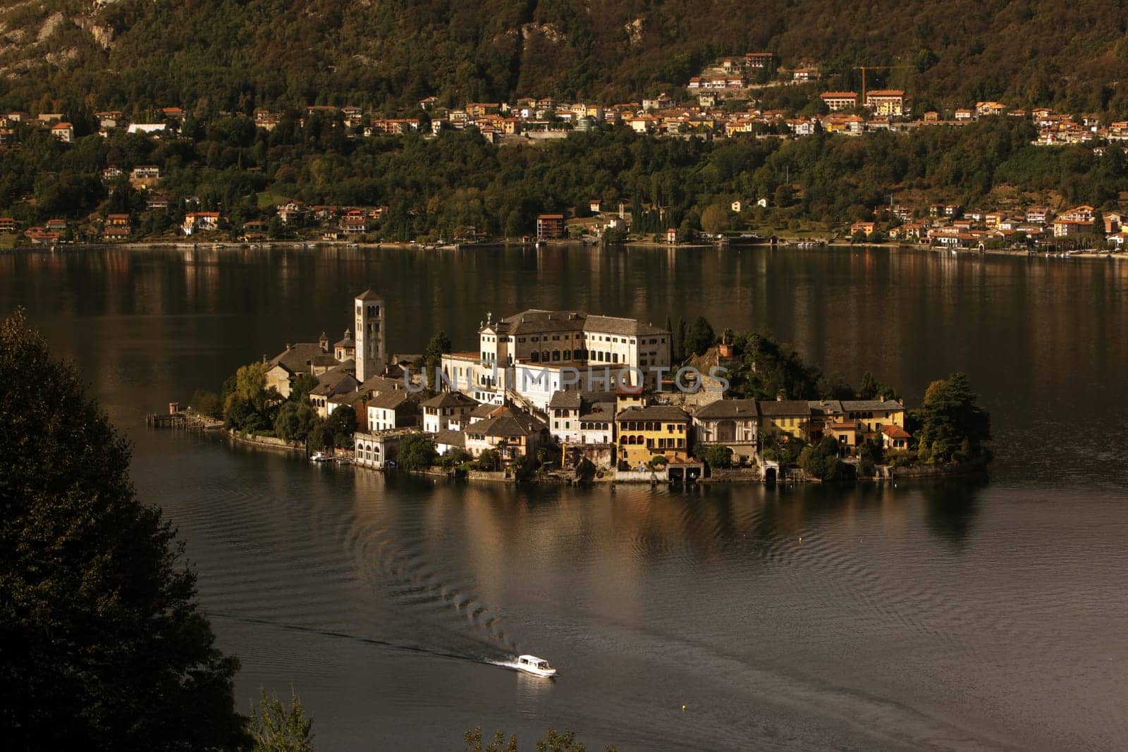 The Isla San Giulio in the Ortasee outside of the Fishingvillage of Orta on the Lake Orta in the Lombardia  in north Italy.