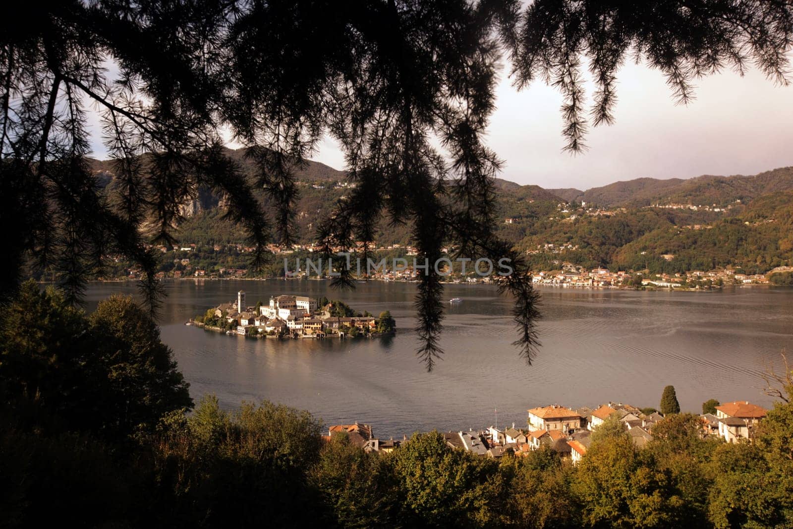 The Isla San Giulio in the Ortasee outside of the Fishingvillage of Orta on the Lake Orta in the Lombardia  in north Italy.