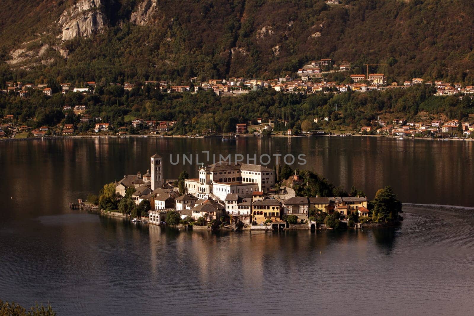 The Isla San Giulio in the Ortasee outside of the Fishingvillage of Orta on the Lake Orta in the Lombardia  in north Italy.