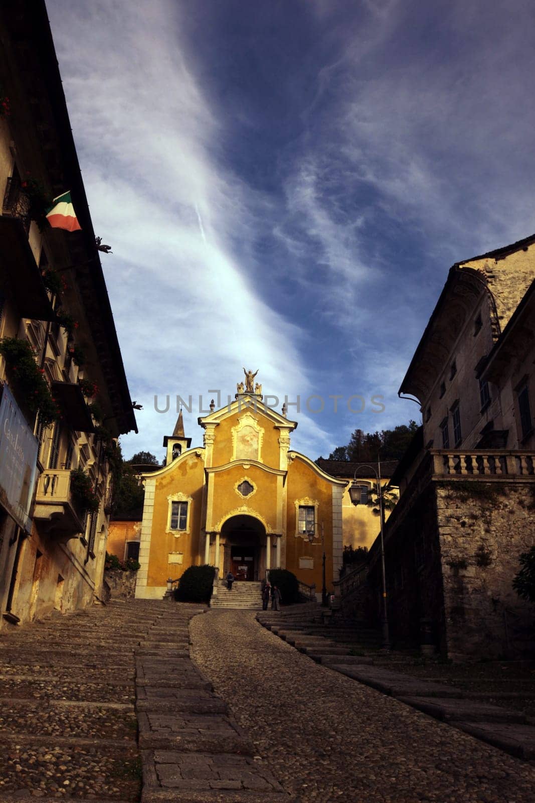 The churche in the Fishingvillage of Orta on the Lake Orta in the Lombardia in north Italy.