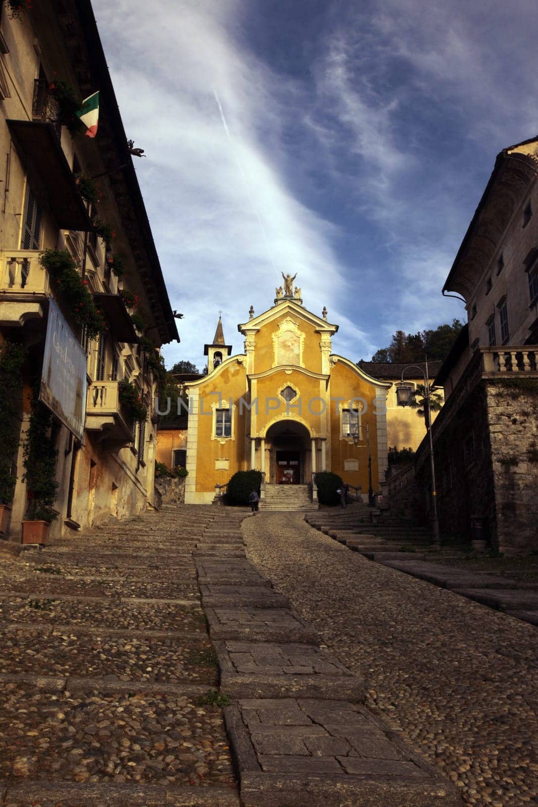 The churche in the Fishingvillage of Orta on the Lake Orta in the Lombardia in north Italy.