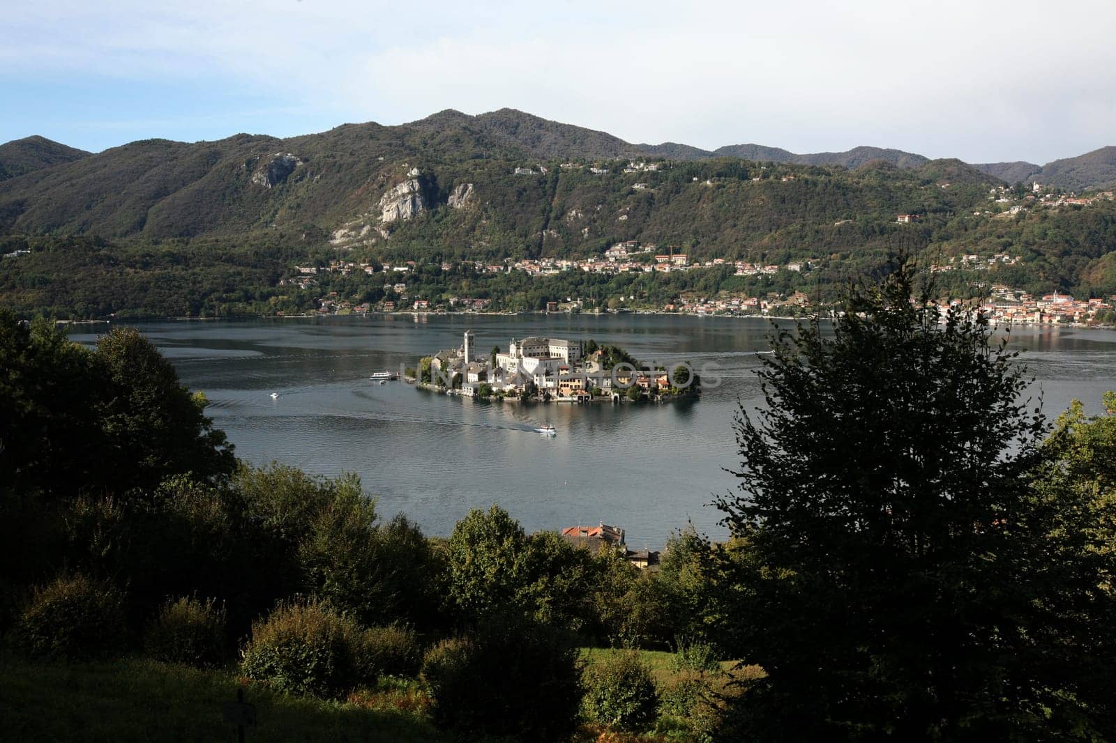 The Isla San Giulio in the Ortasee outside of the Fishingvillage of Orta on the Lake Orta in the Lombardia  in north Italy.