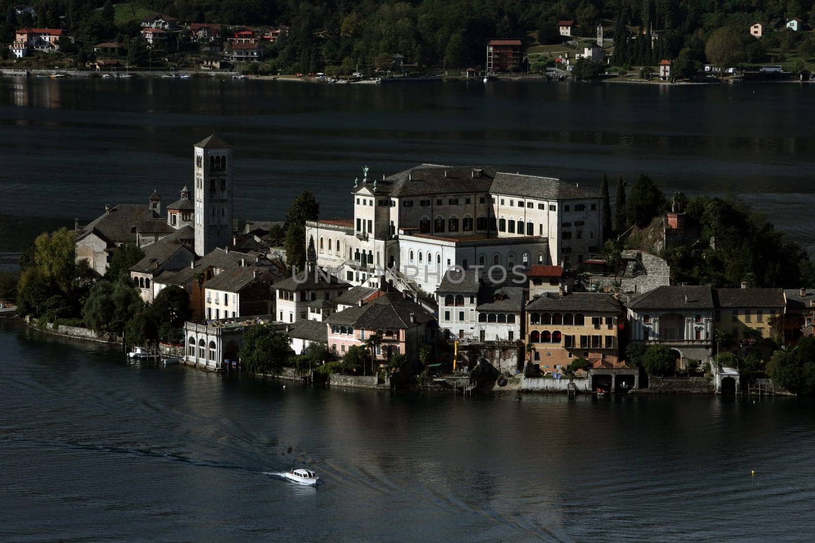 The Isla San Giulio in the Ortasee outside of the Fishingvillage of Orta on the Lake Orta in the Lombardia  in north Italy.
