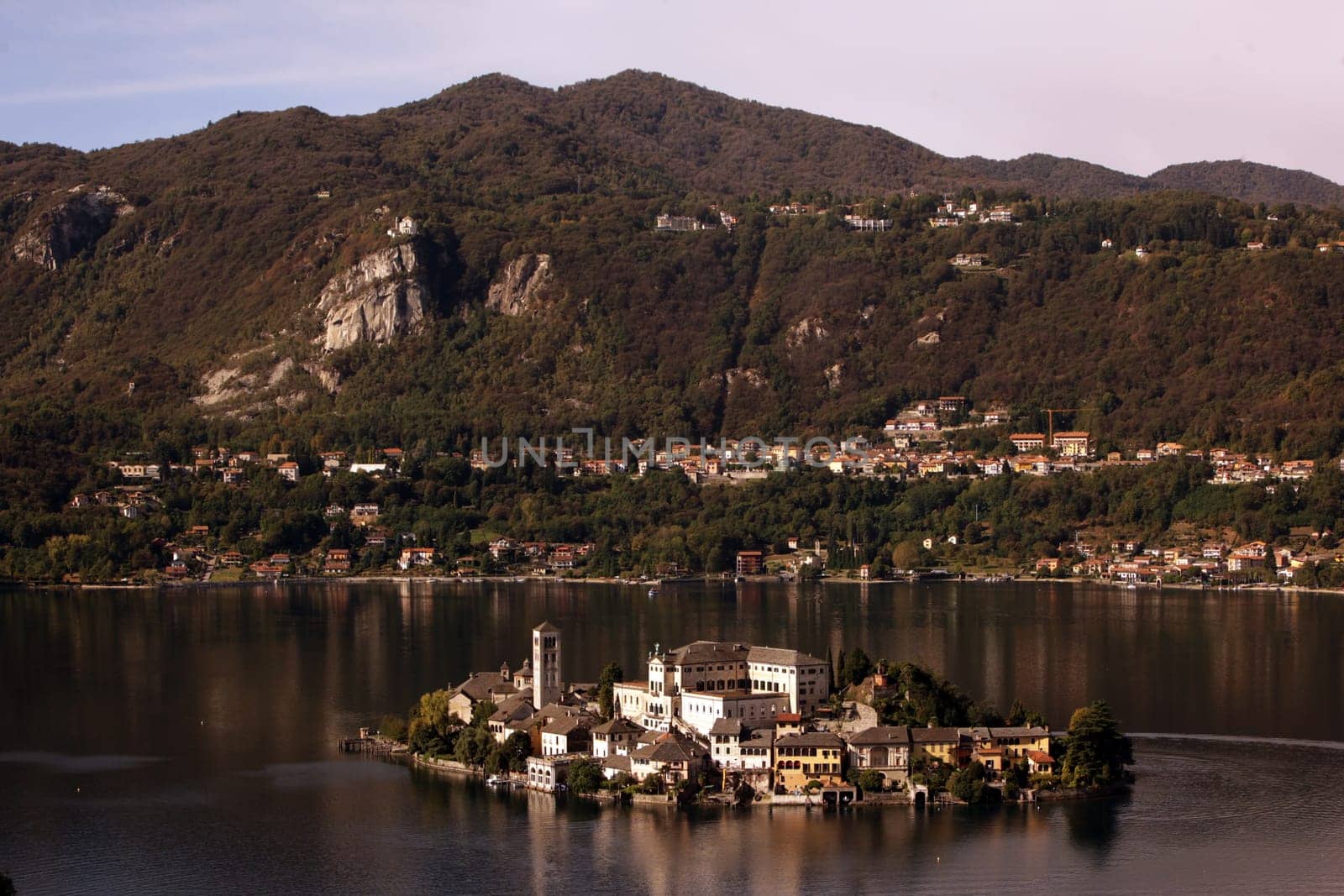 The Isla San Giulio in the Ortasee outside of the Fishingvillage of Orta on the Lake Orta in the Lombardia  in north Italy.