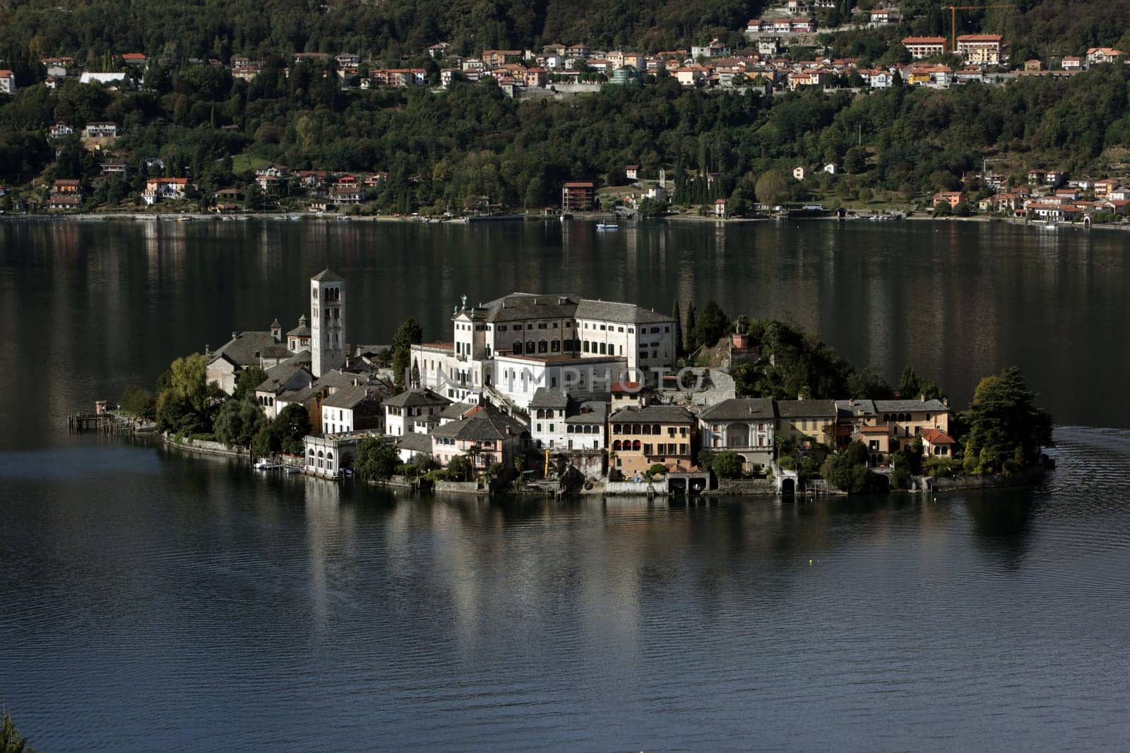 The Isla San Giulio in the Ortasee outside of the Fishingvillage of Orta on the Lake Orta in the Lombardia  in north Italy.