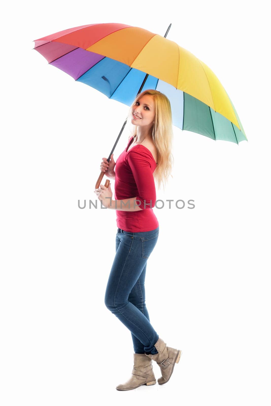 blonde young woman with rain screen