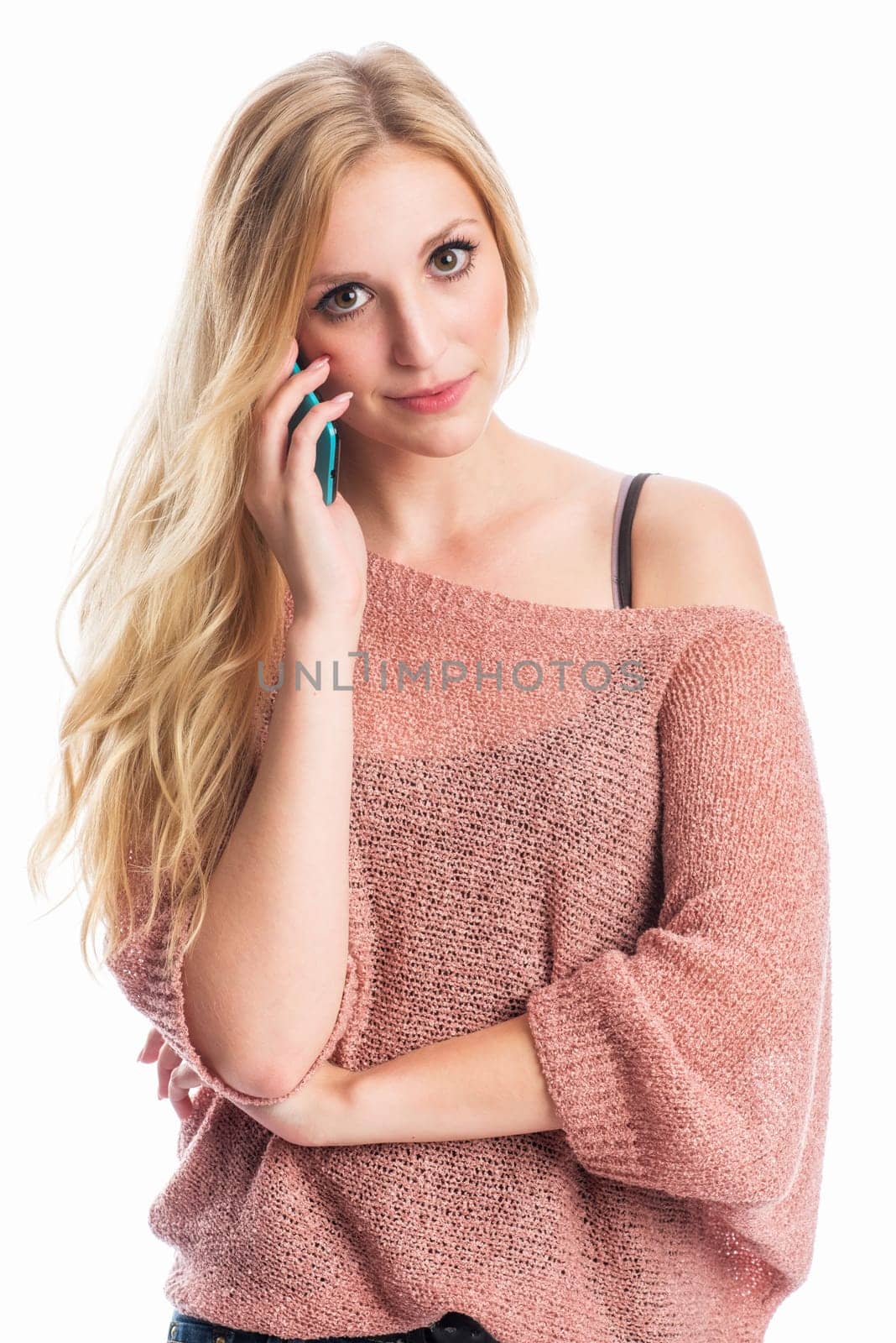a blonde woman on the phone with a mobile phone