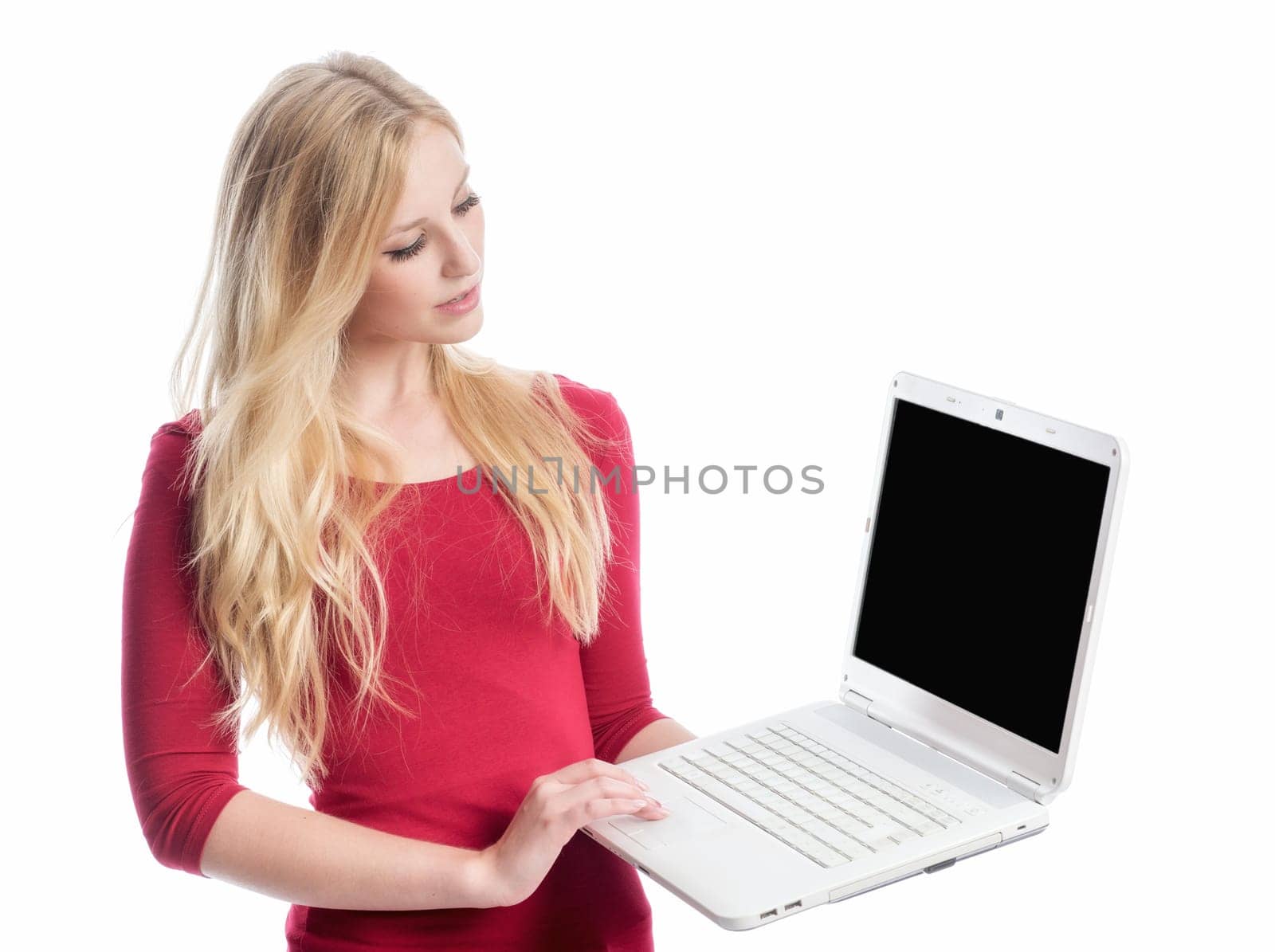 a woman with laptop holding a presentation