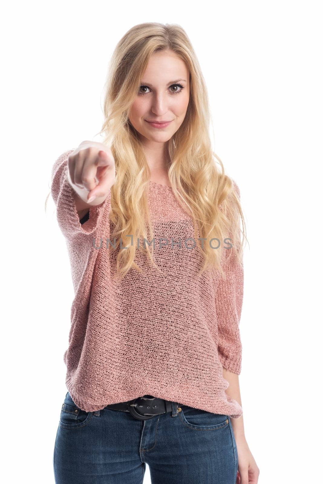 a blonde woman points her finger at something