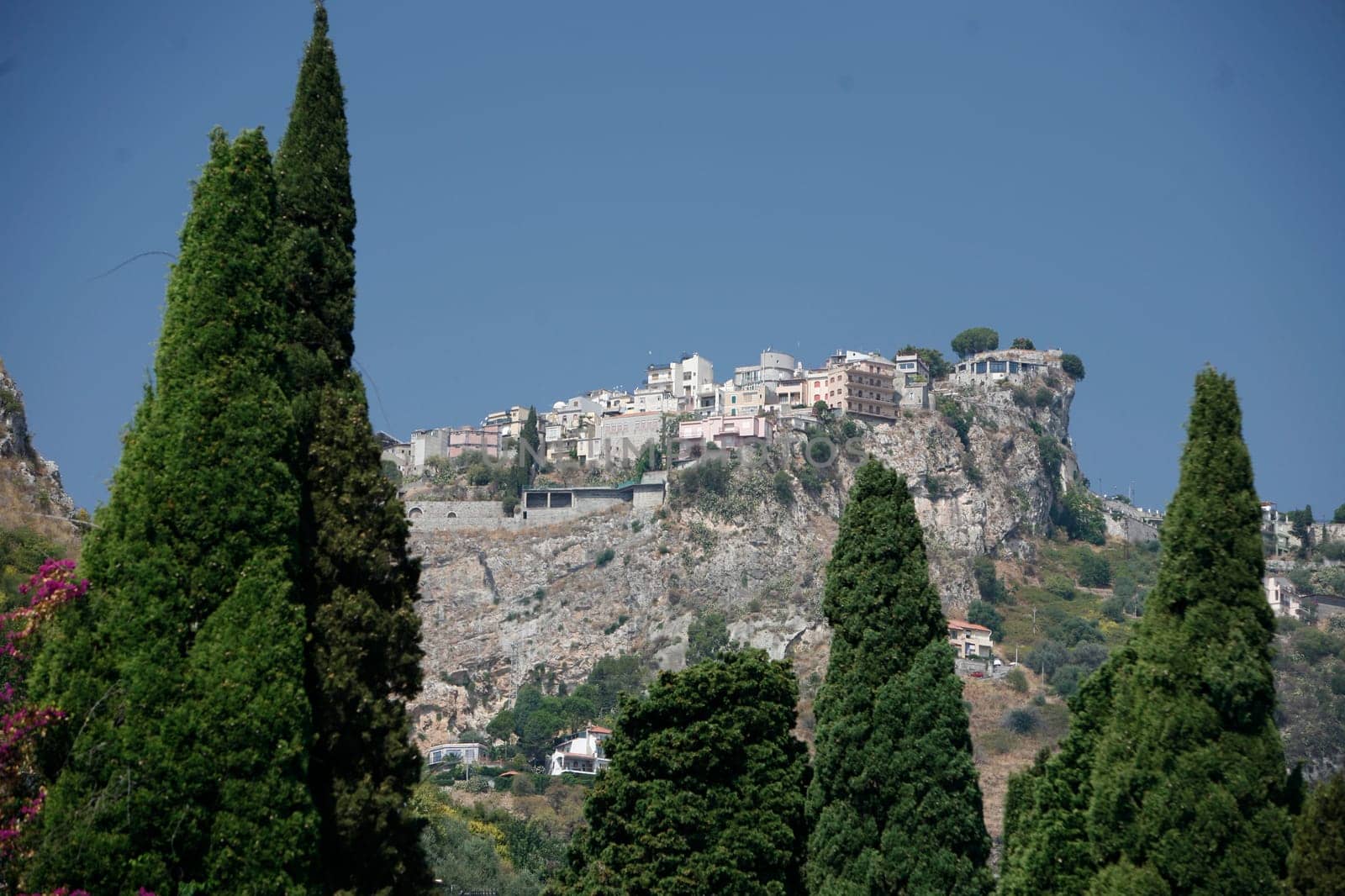 The mountain Village of  Castelmola over the old Town of  Taormina in Sicily in south Italy in Europe.