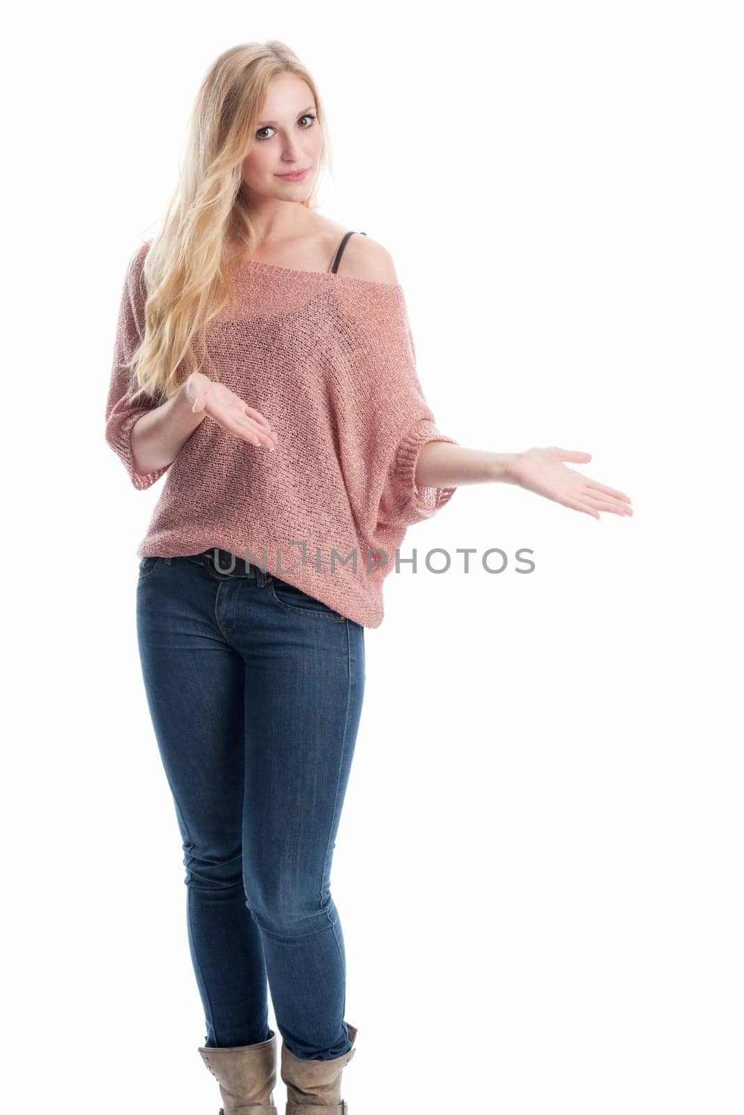 a blonde woman gesticulated with her hands