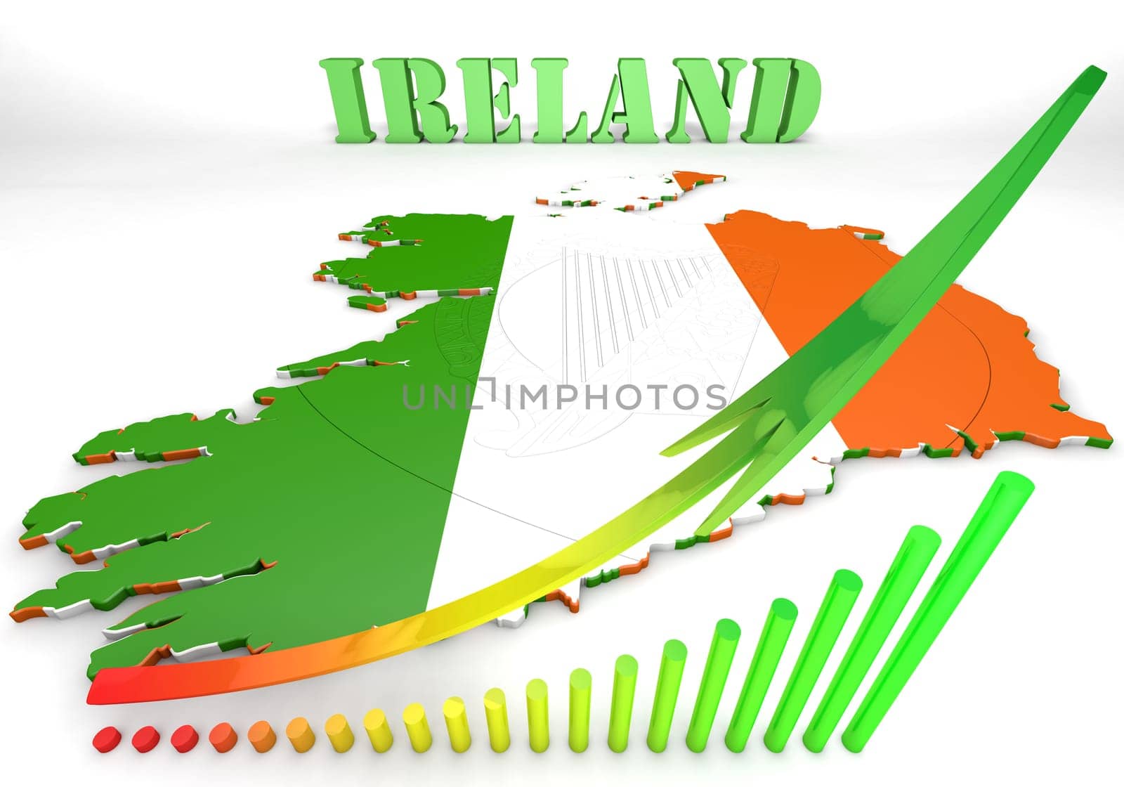 3D map illustration of Ireland with flag and coat of arms
