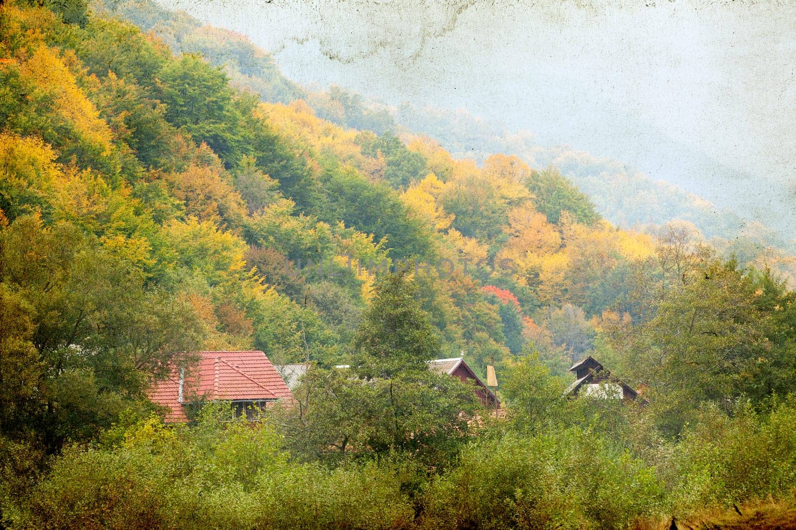 Vintage photo of rural landscape in the mountains
