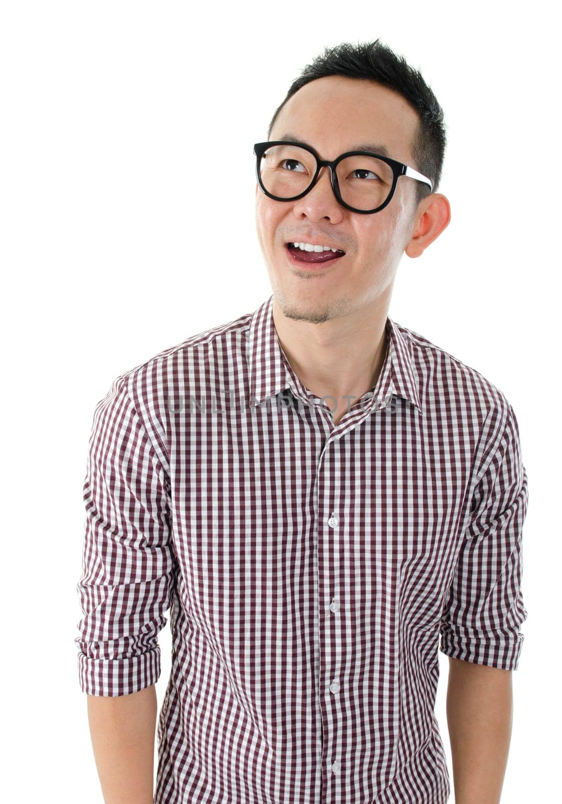 Portrait of Asian man shocked and looking away isolated on white background.