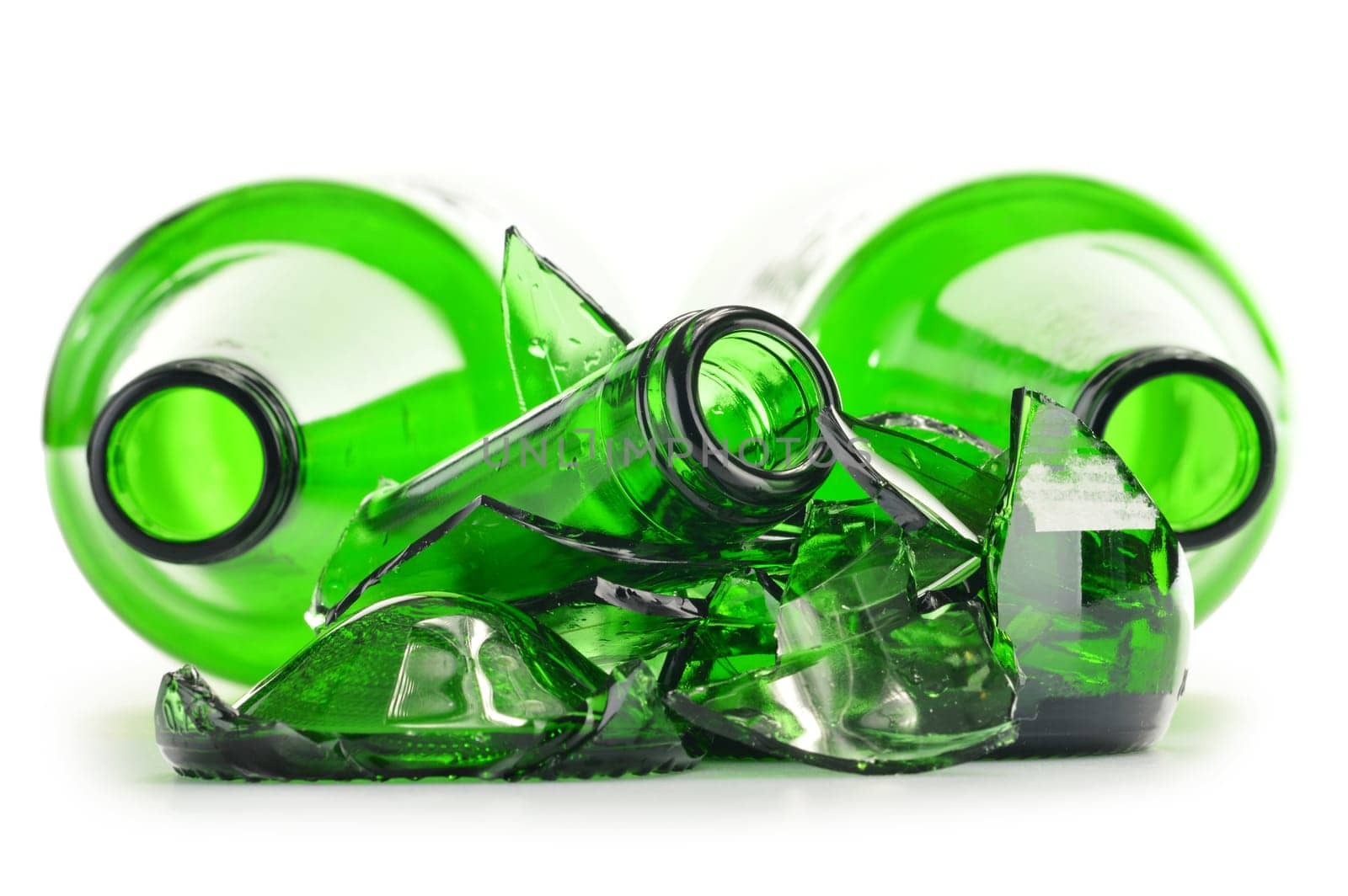 Pieces of broken glass over white background. Recycling.
