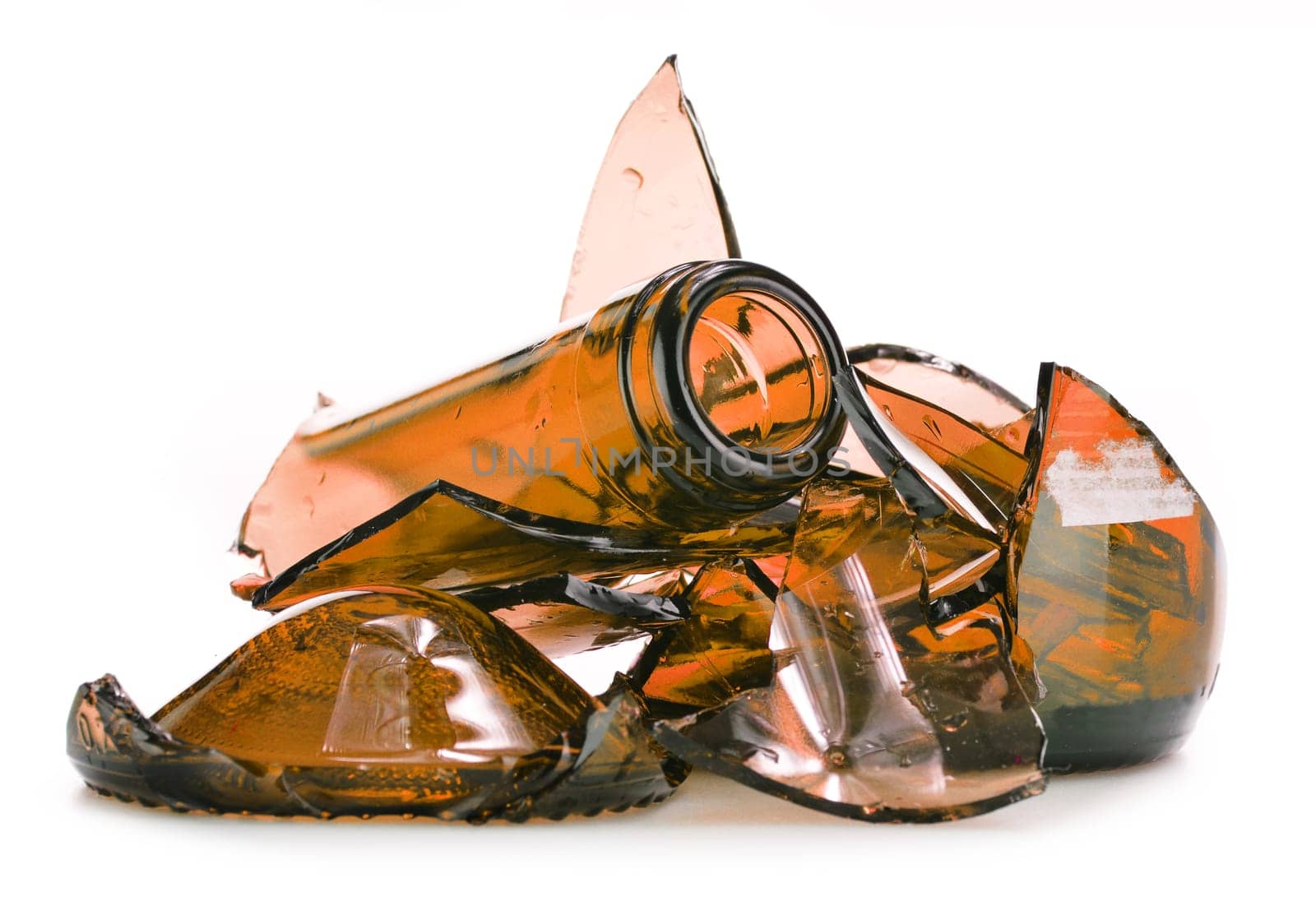 Pieces of broken glass over white background. Recycling.