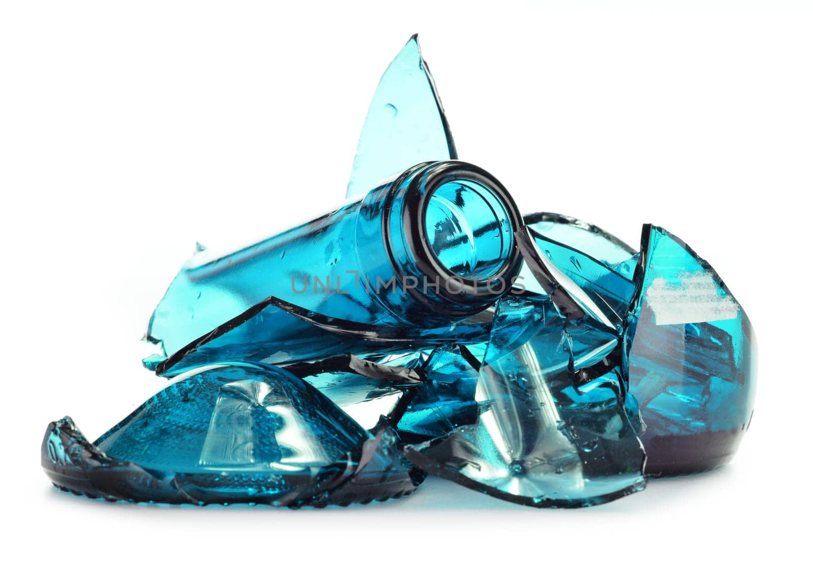 Pieces of broken glass over white background. Recycling.