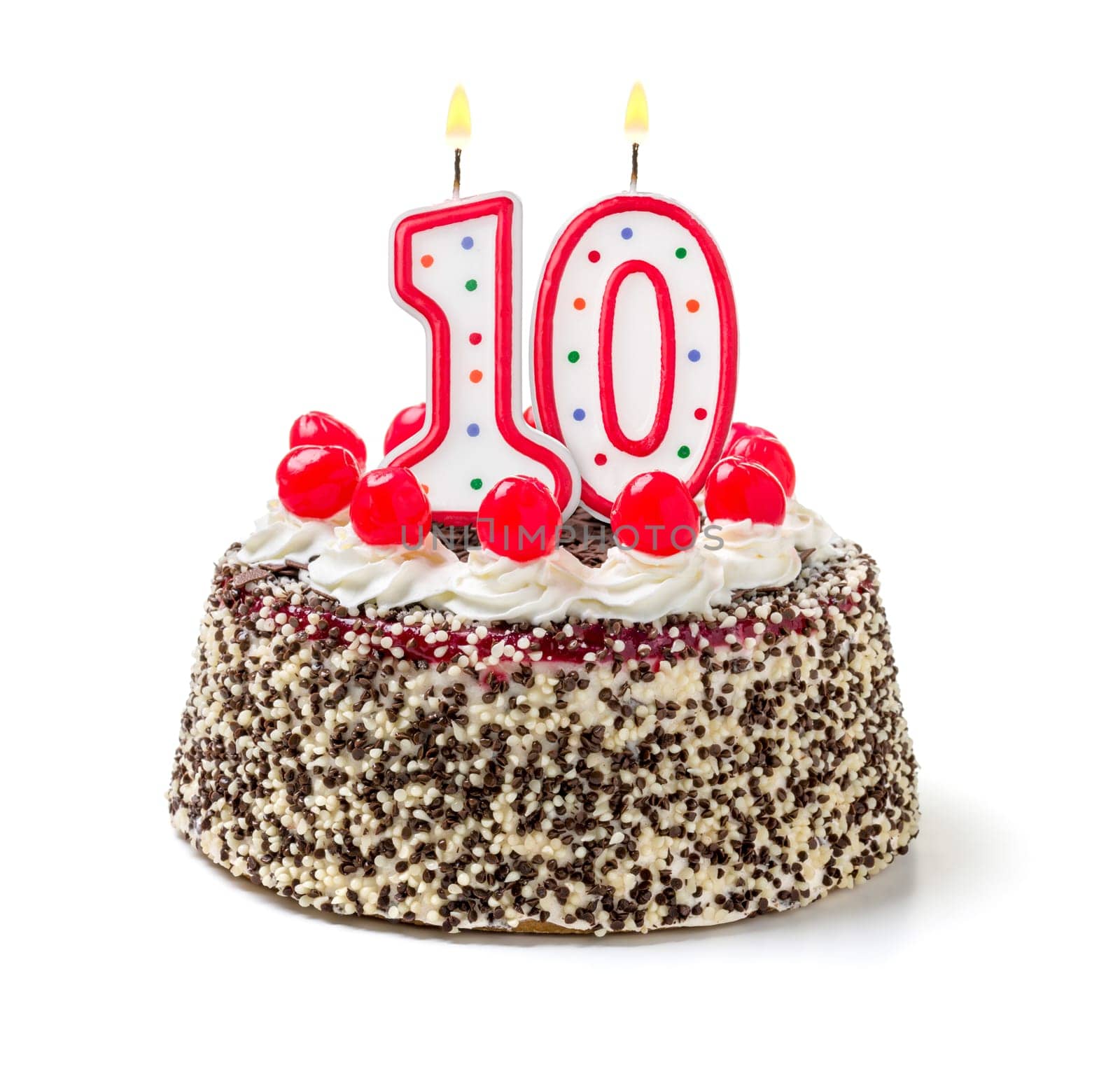 Birthday cake with burning candle number 10