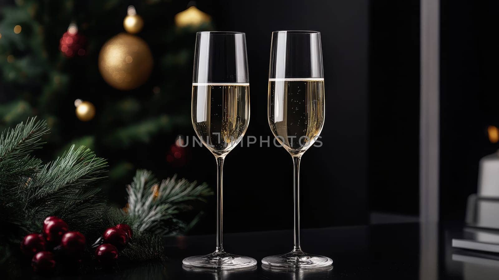 glass of champagne on christmas festive table, Generative AI, holidays