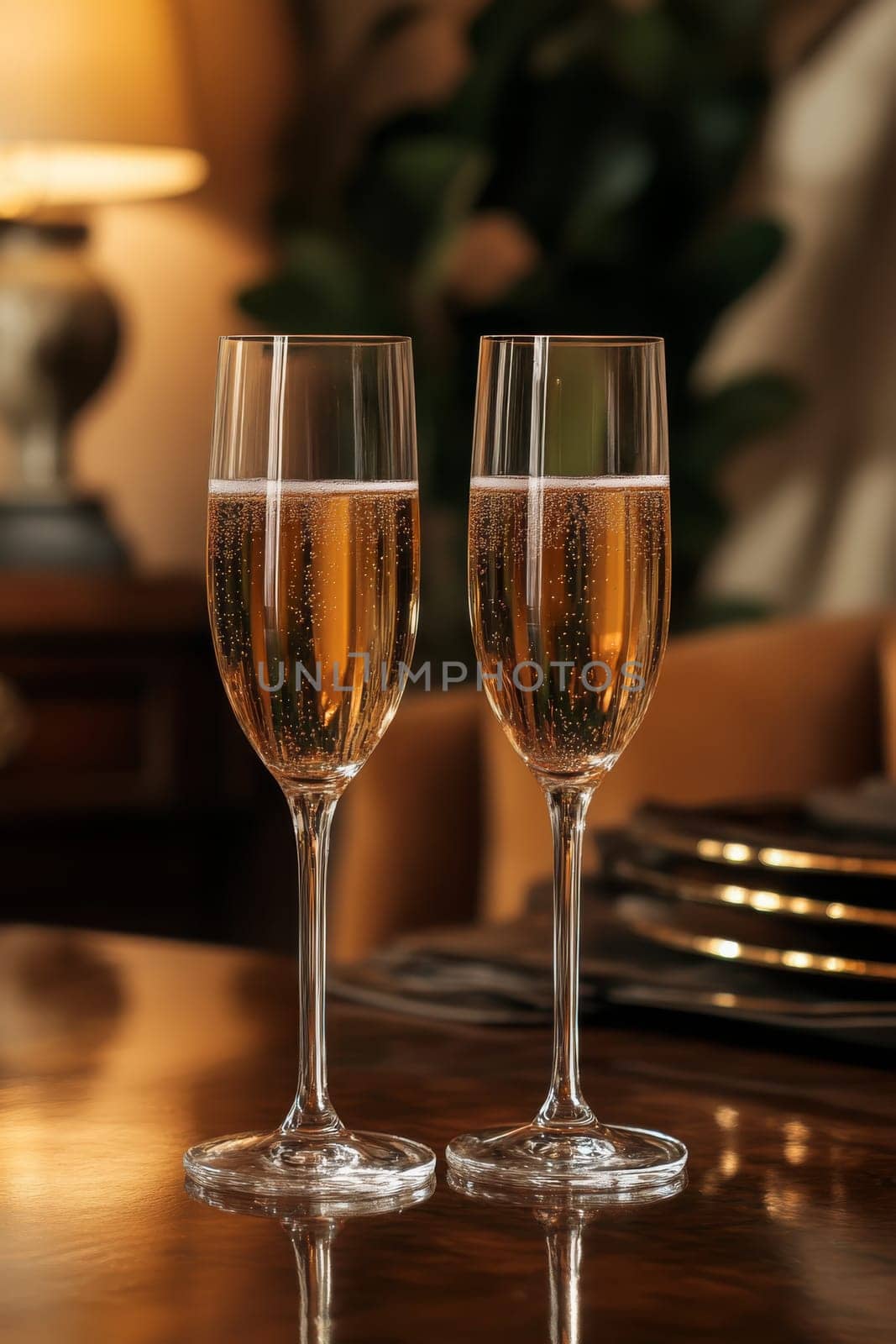glass of champagne on christmas festive table, Generative AI, holidays