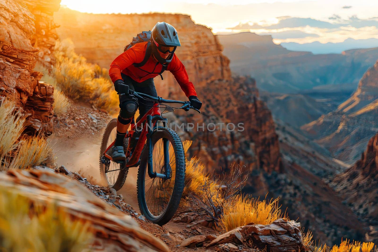 A cyclist rides a mountain bike through rugged trails surrounded by stunning canyons and vibrant sunset hues illuminating the sky.