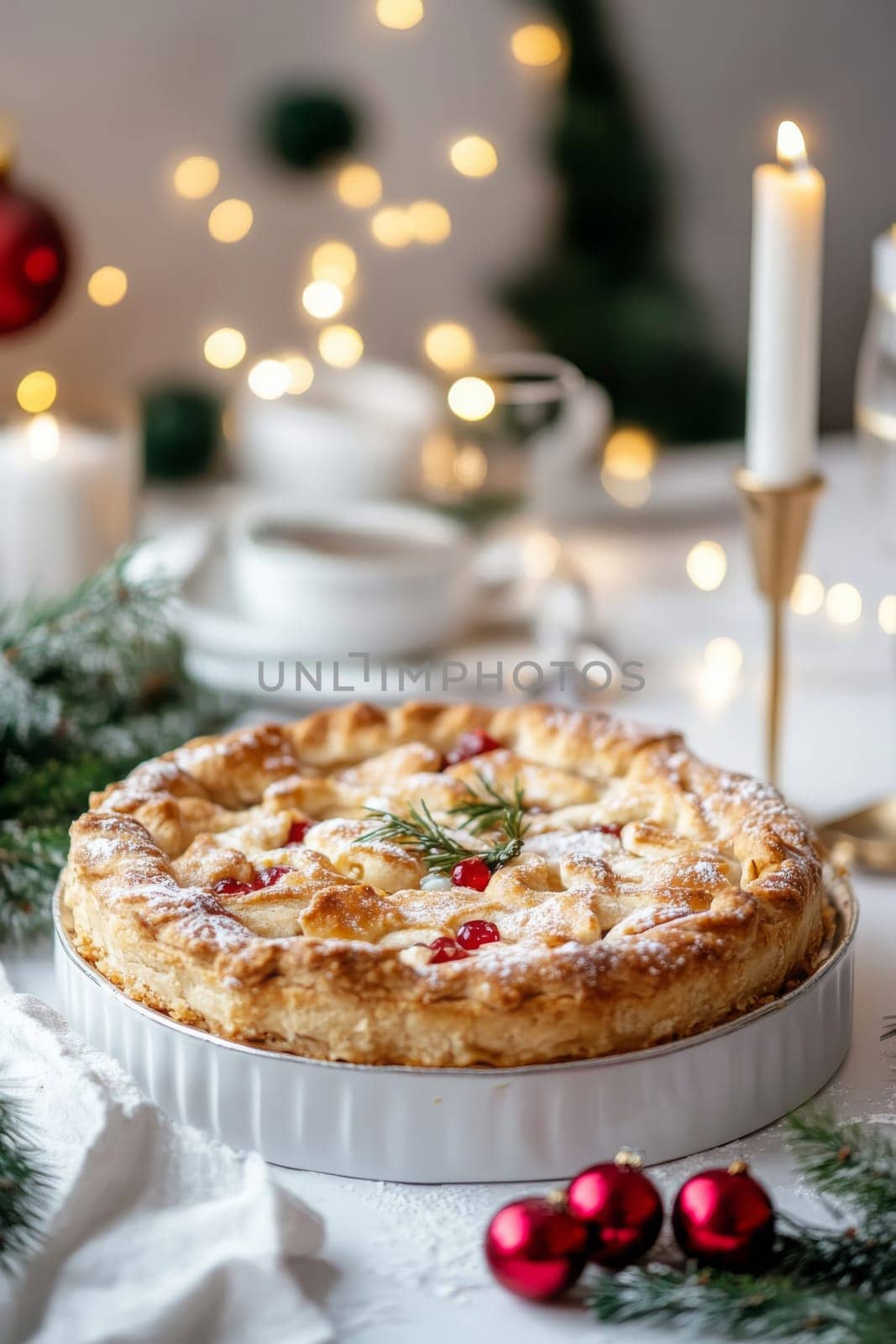 New Year's pie on a white table, Generative AI, food