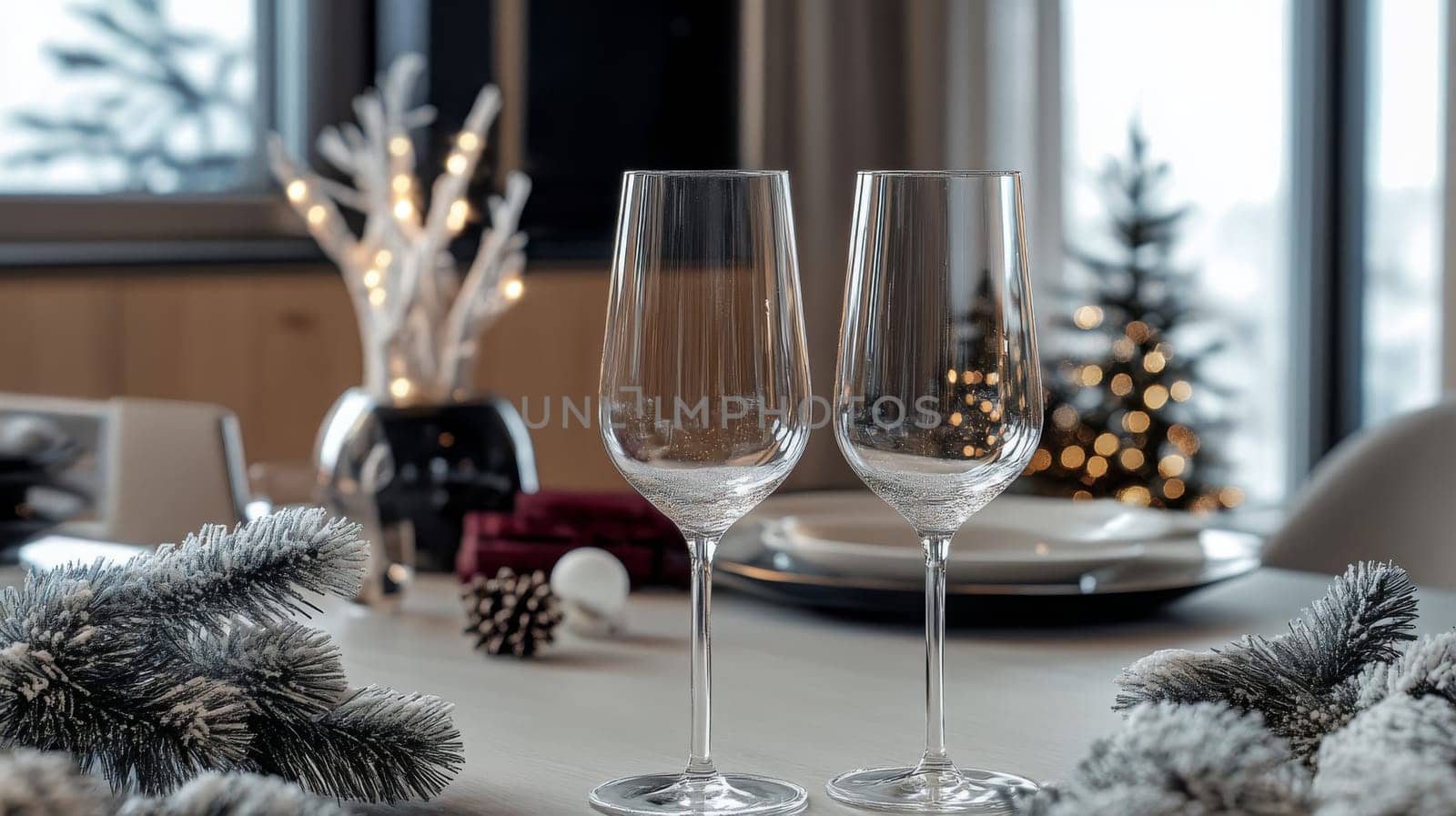 glass of champagne on christmas festive table, Generative AI, holidays