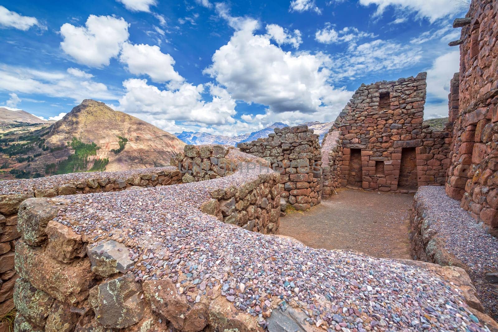Ancient Incan ruins of Pisac in the Sacred Valley near Cusco