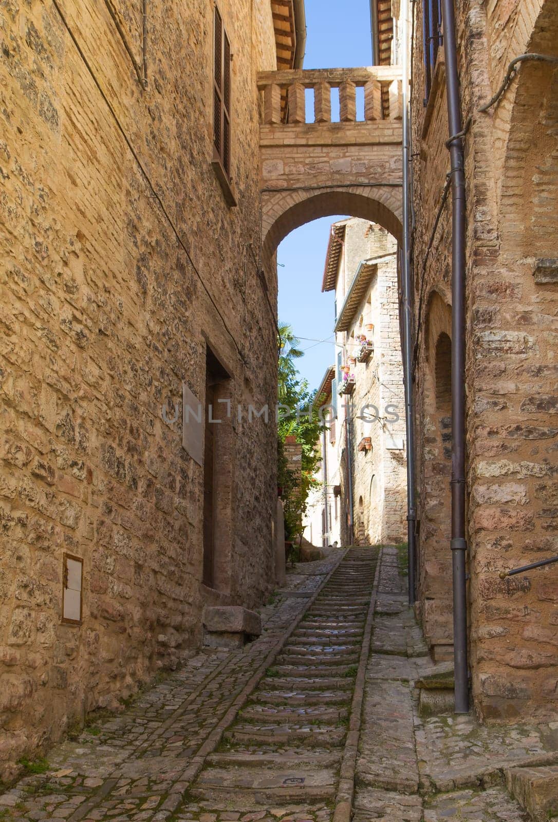The narrow street in the historic center of Spello (Umbria, Italy)