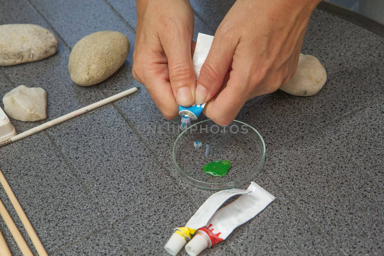 Handmade - stone painting. production decoration. Preparation for painting. Female hands are  pushing acrylic paint from the tube.